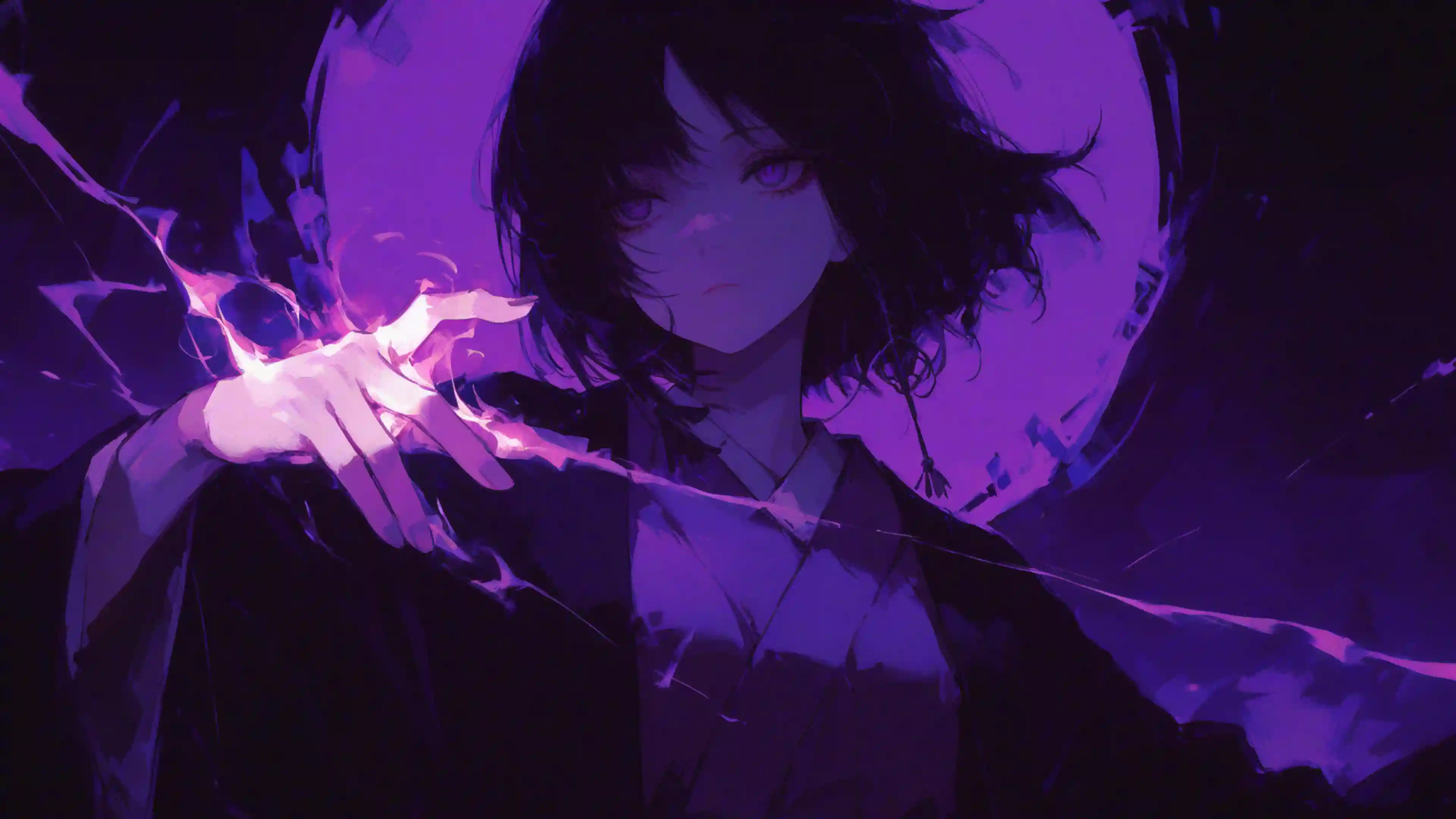 魔幻风格少女插画，掌心和指尖闪烁着紫色光芒的和服少女桌面壁纸