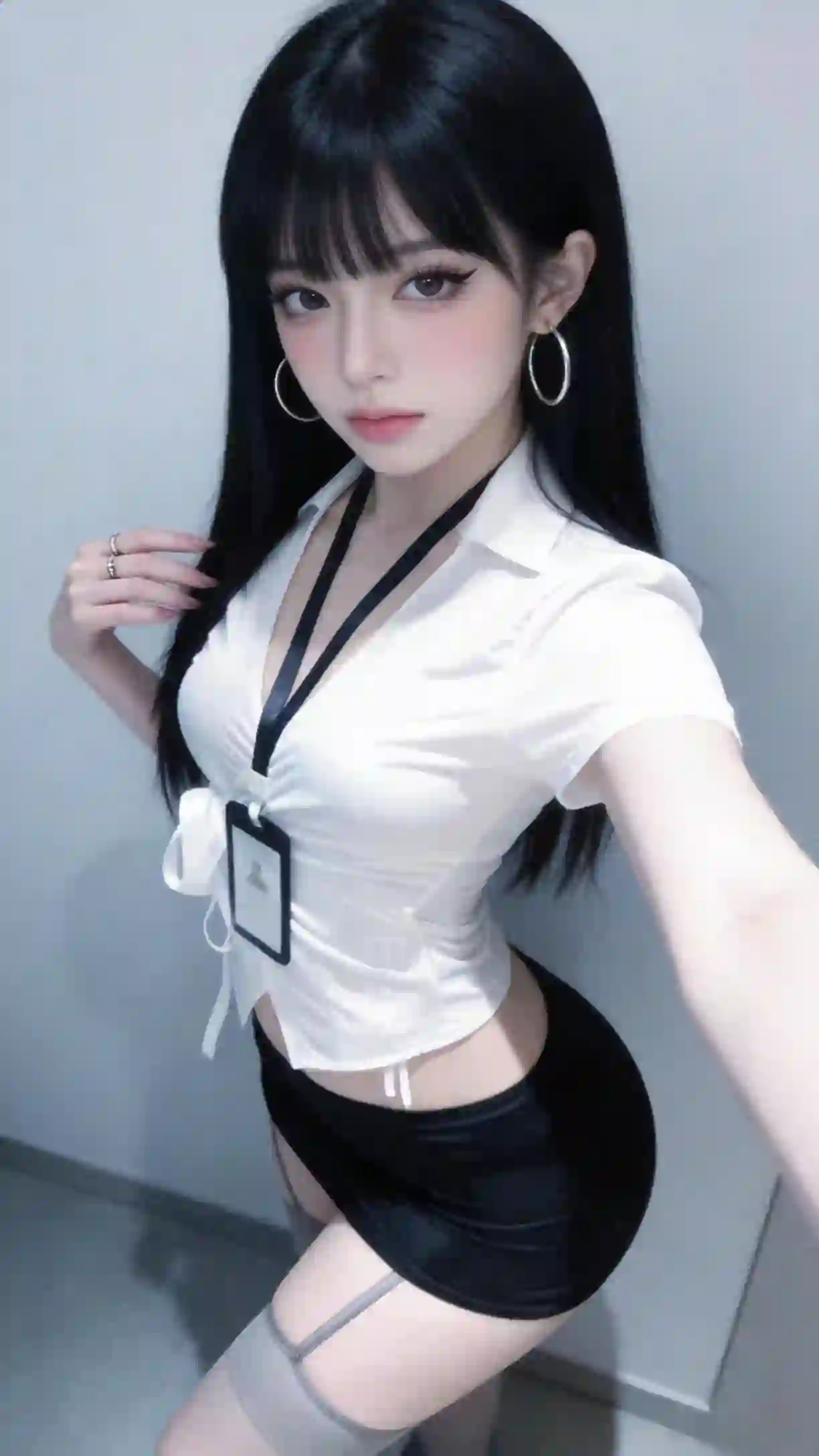 美女 自拍 白色衬衫 黑色短裙 丝袜 时尚穿搭