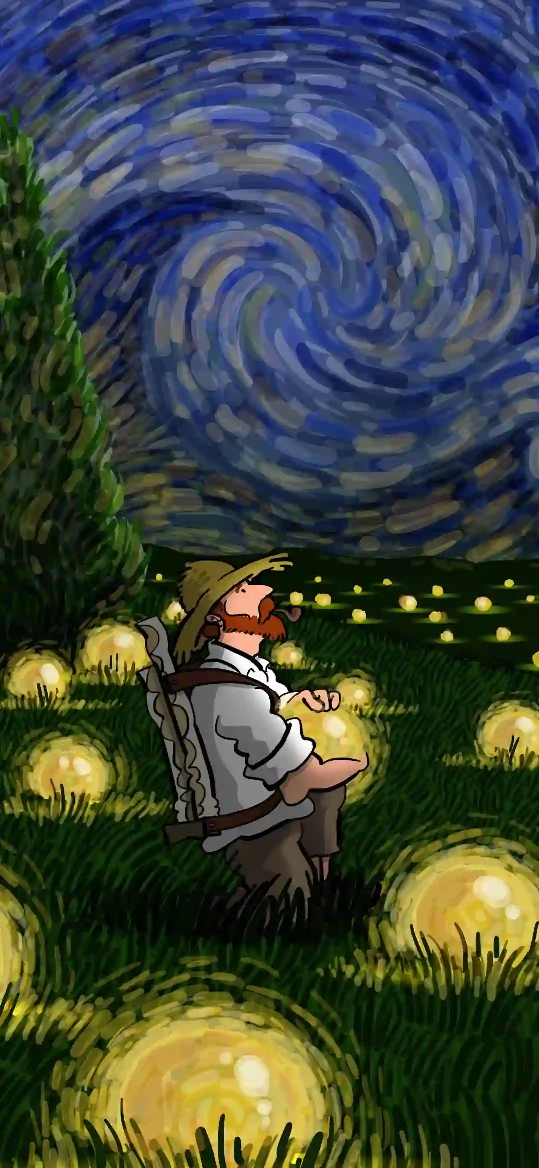梵高 星空 油画 夜空 旋涡 草地 发光 旅人