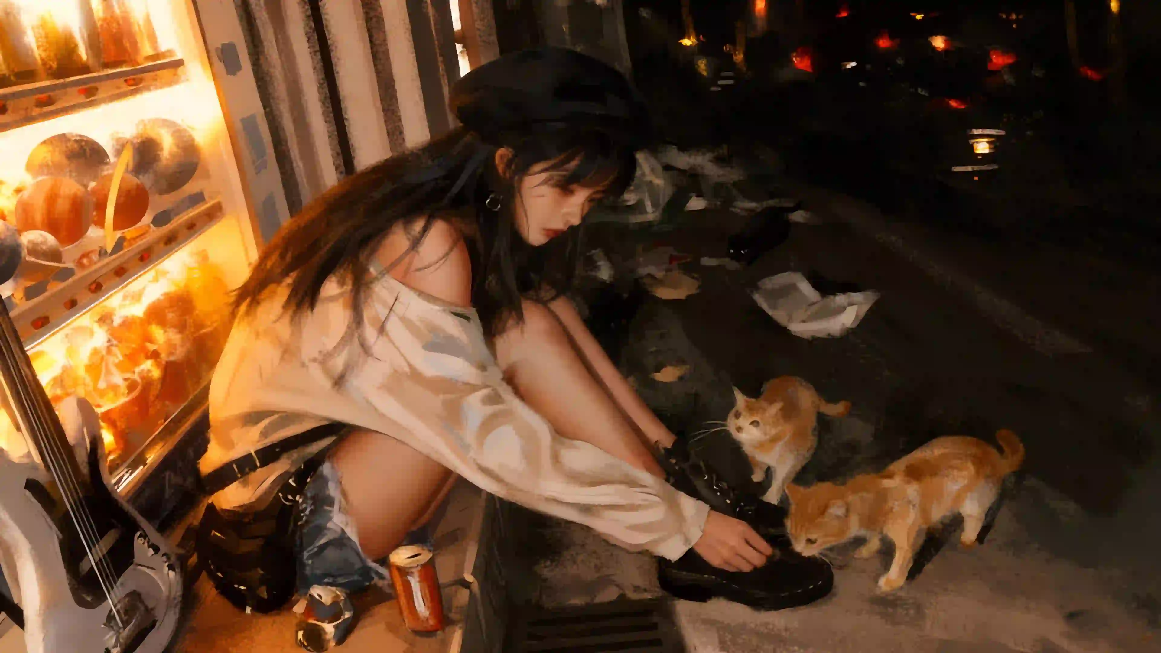 晚上 少女 帽子 流浪猫 长发美女  wlop