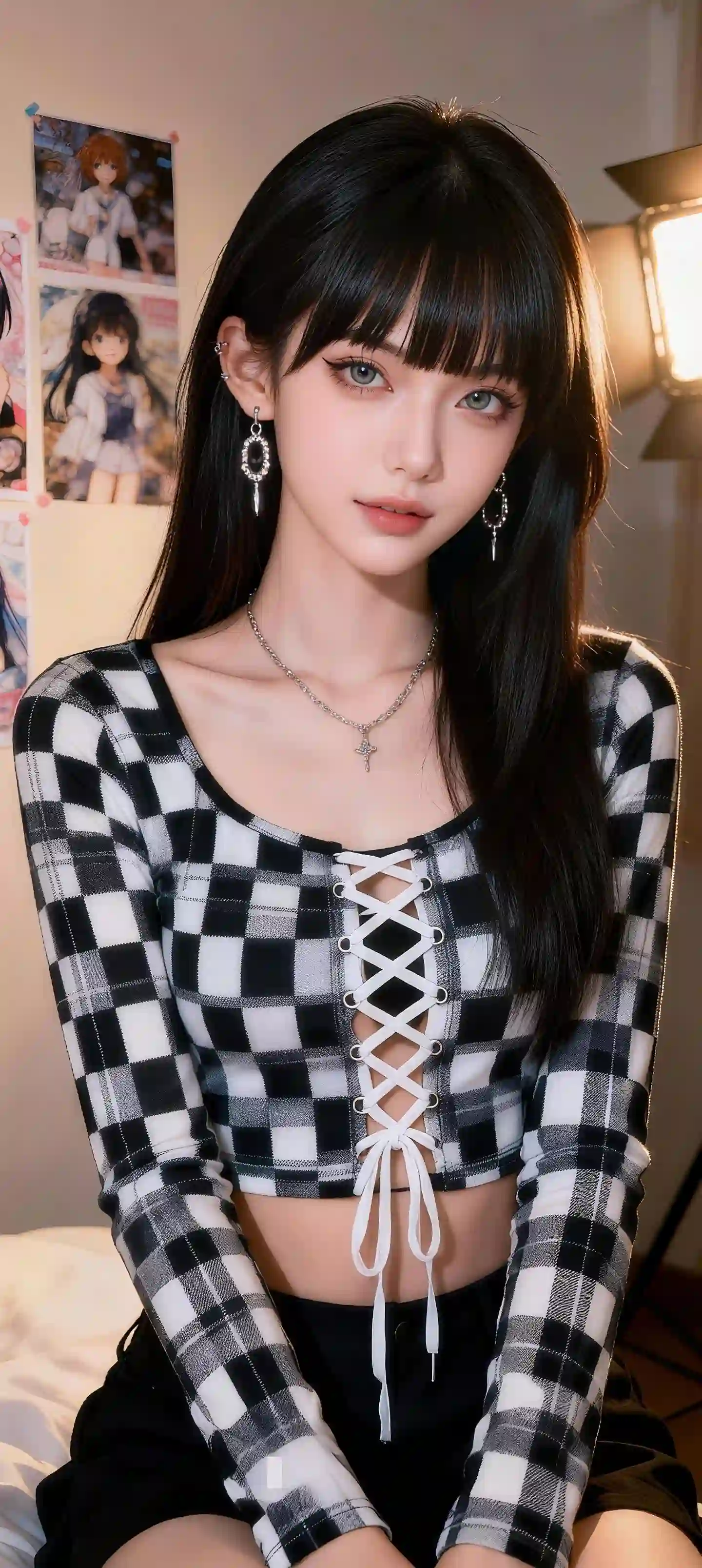 美女 长发性感美女 格子衣服 齐刘海