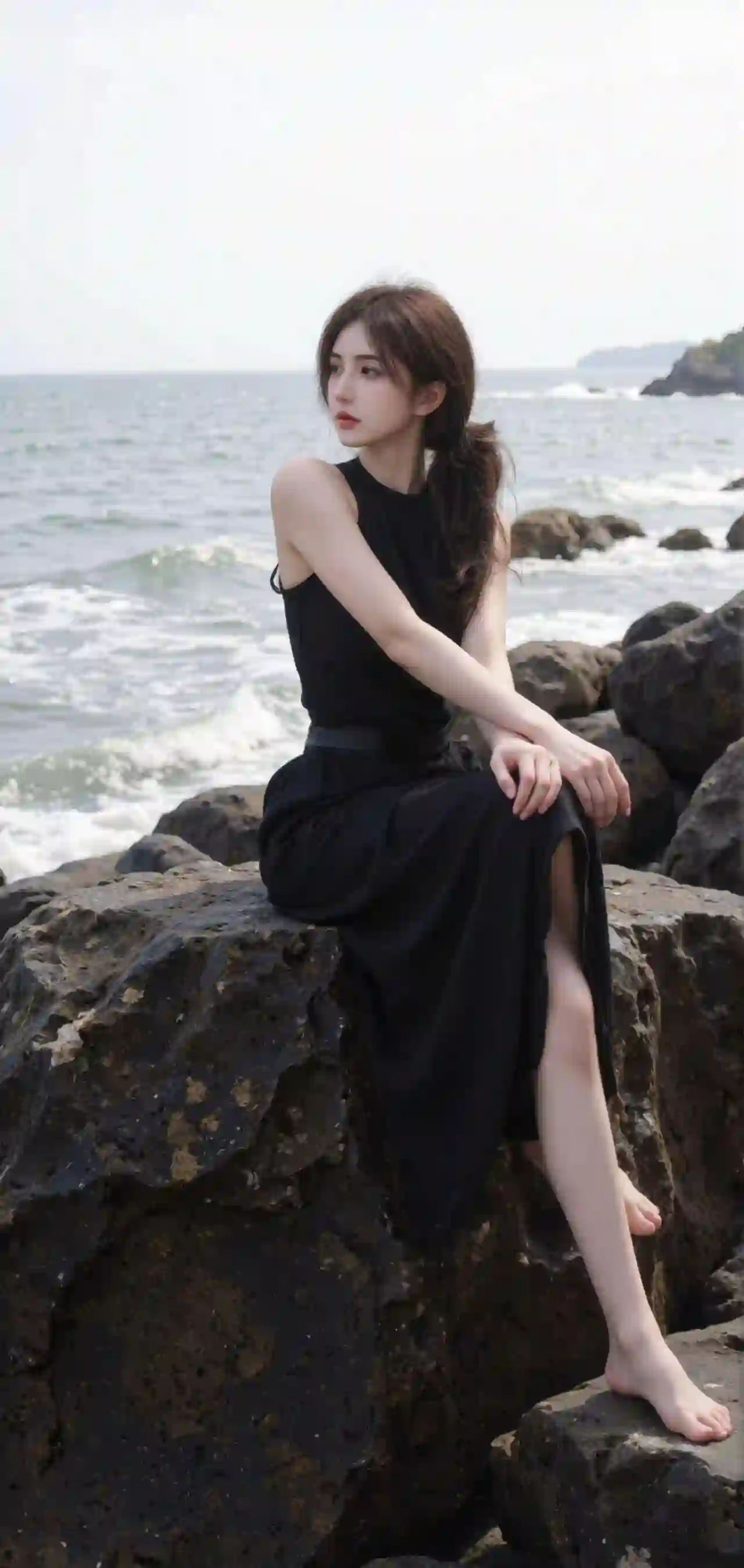 海边少女 黑色长裙 礁石 海景 清冷气质 唯美人像