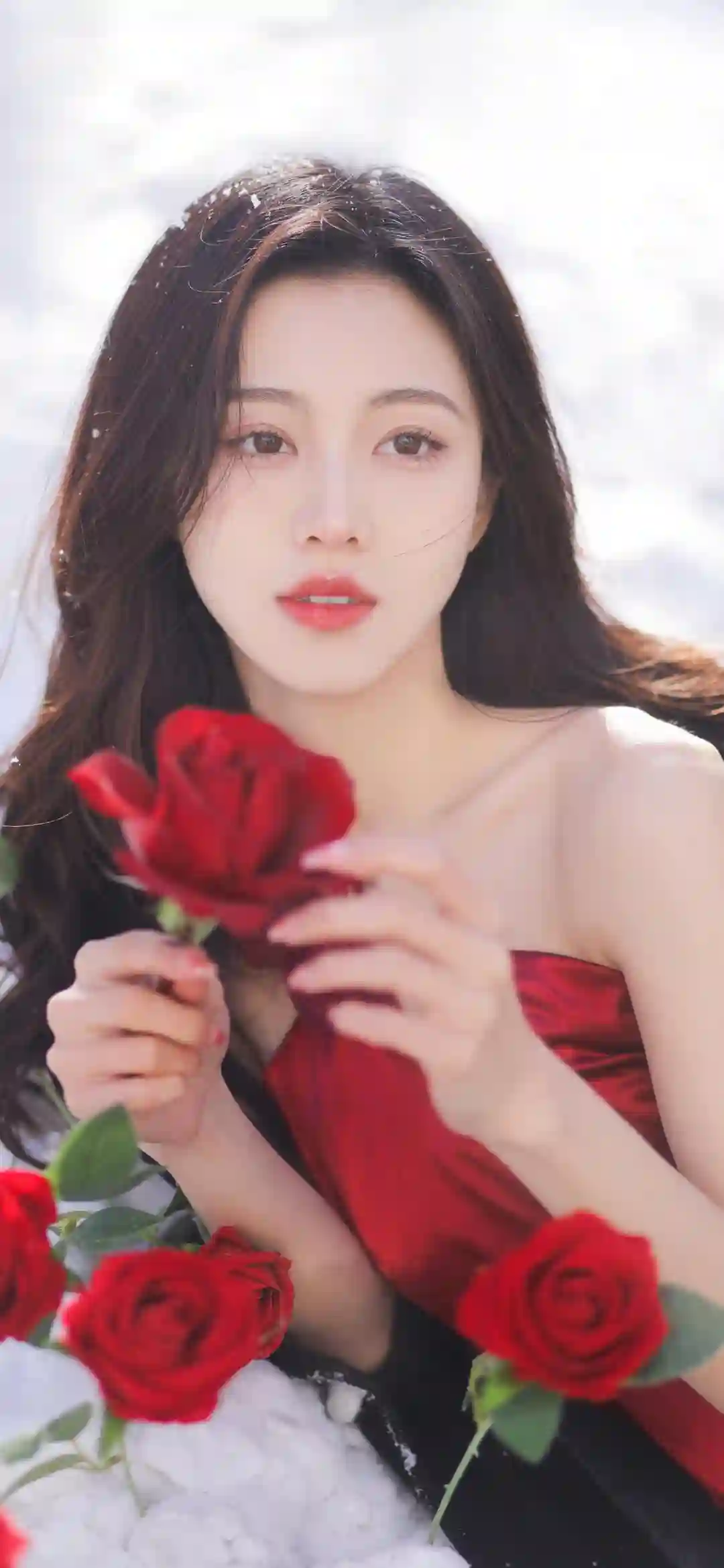 红色长裙美女 玫瑰花 长发美女 红色长裙