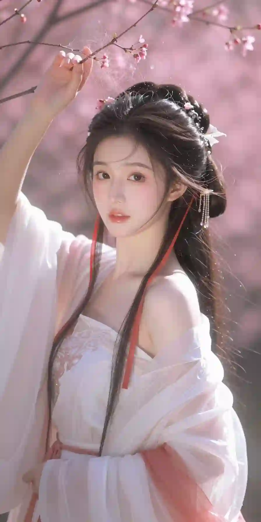 长发古风汉服美女 可爱 性感 白色古风 纱裙 粉红色背景
