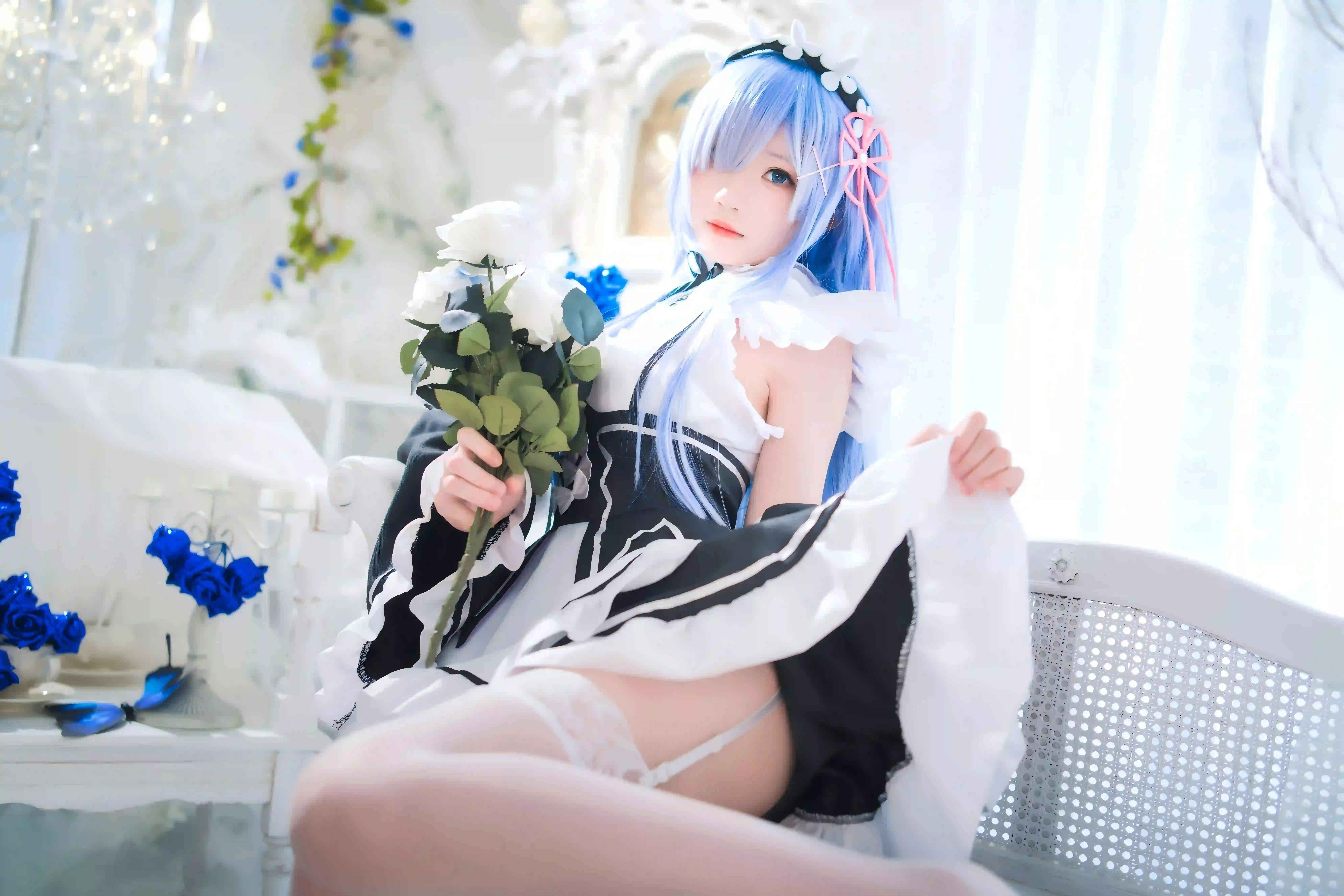 coser 雷姆 蓝色头发 性感美女 丝袜 白色丝袜 4