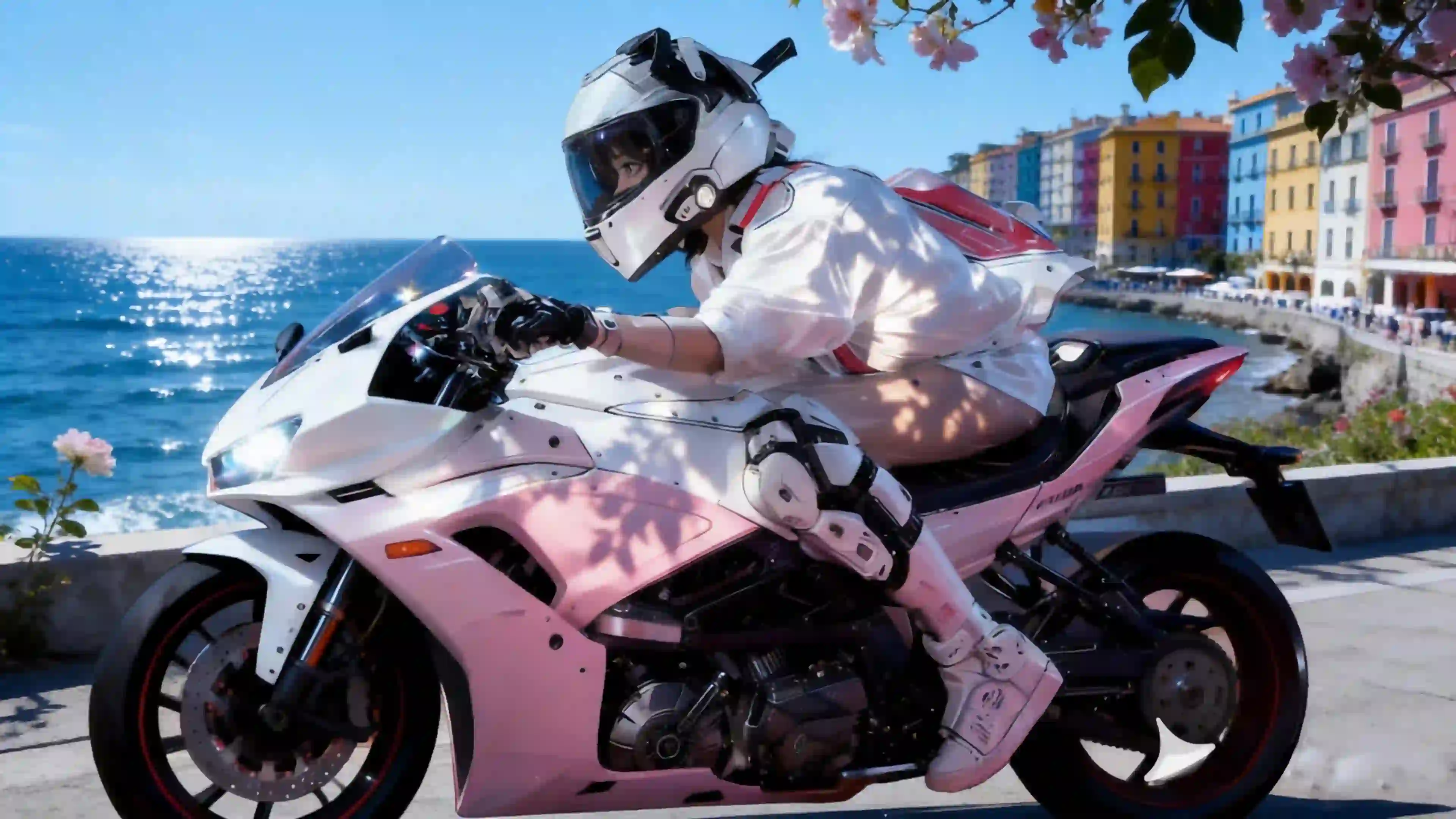 海边机车美女 机车 粉红色机车 户外