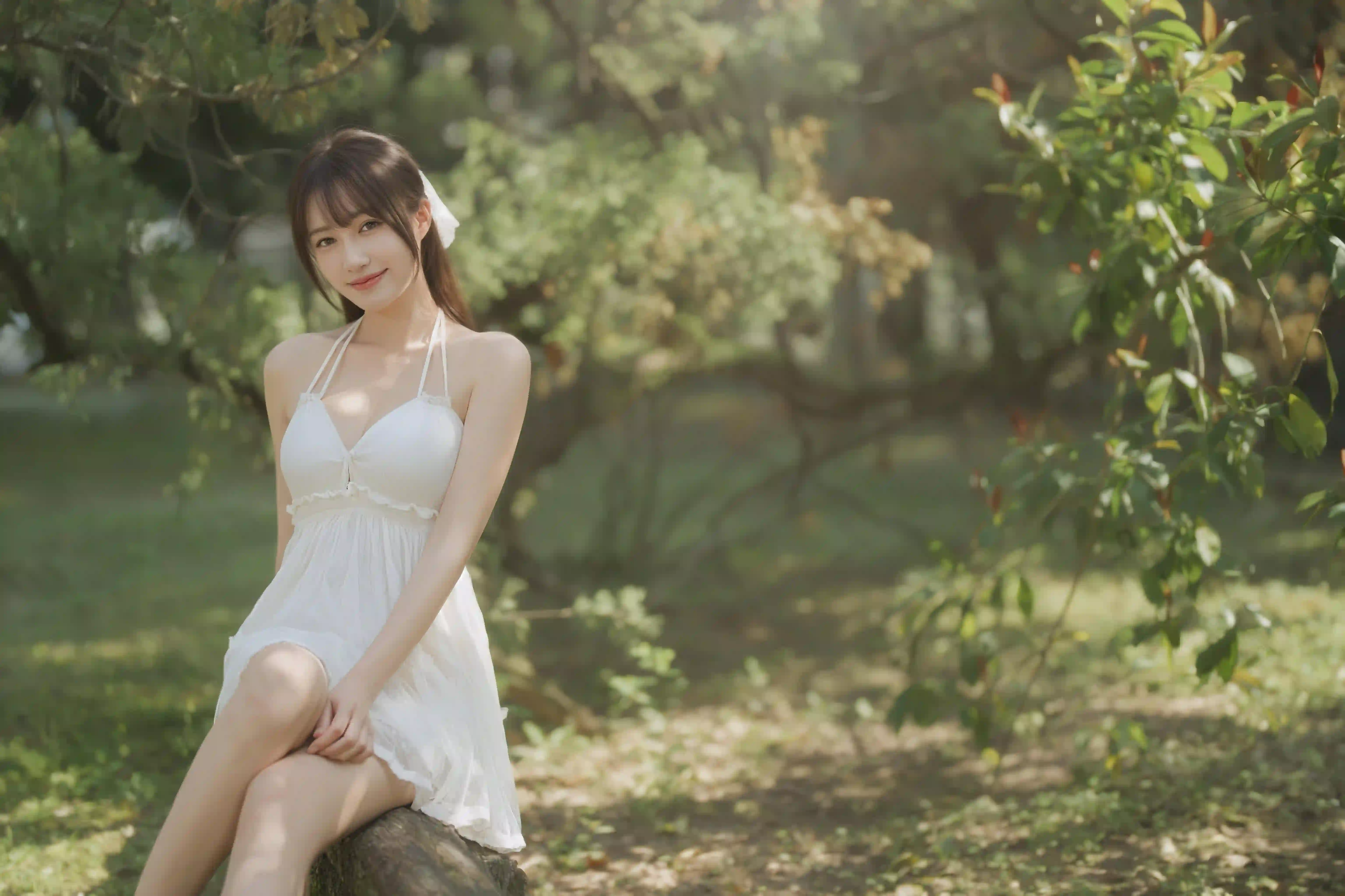 长发白裙女孩 户外写真 公园 户外 吊带