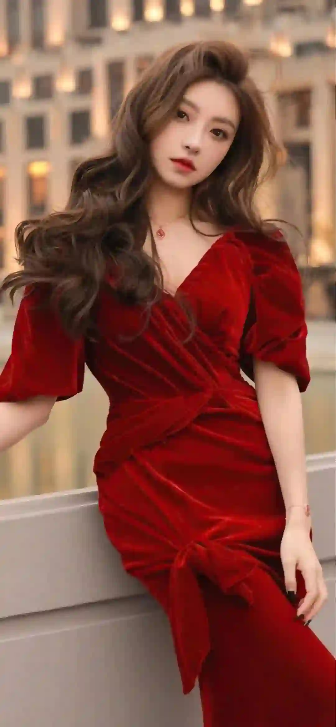 一袭红裙 长发红裙性感美女 户外写真