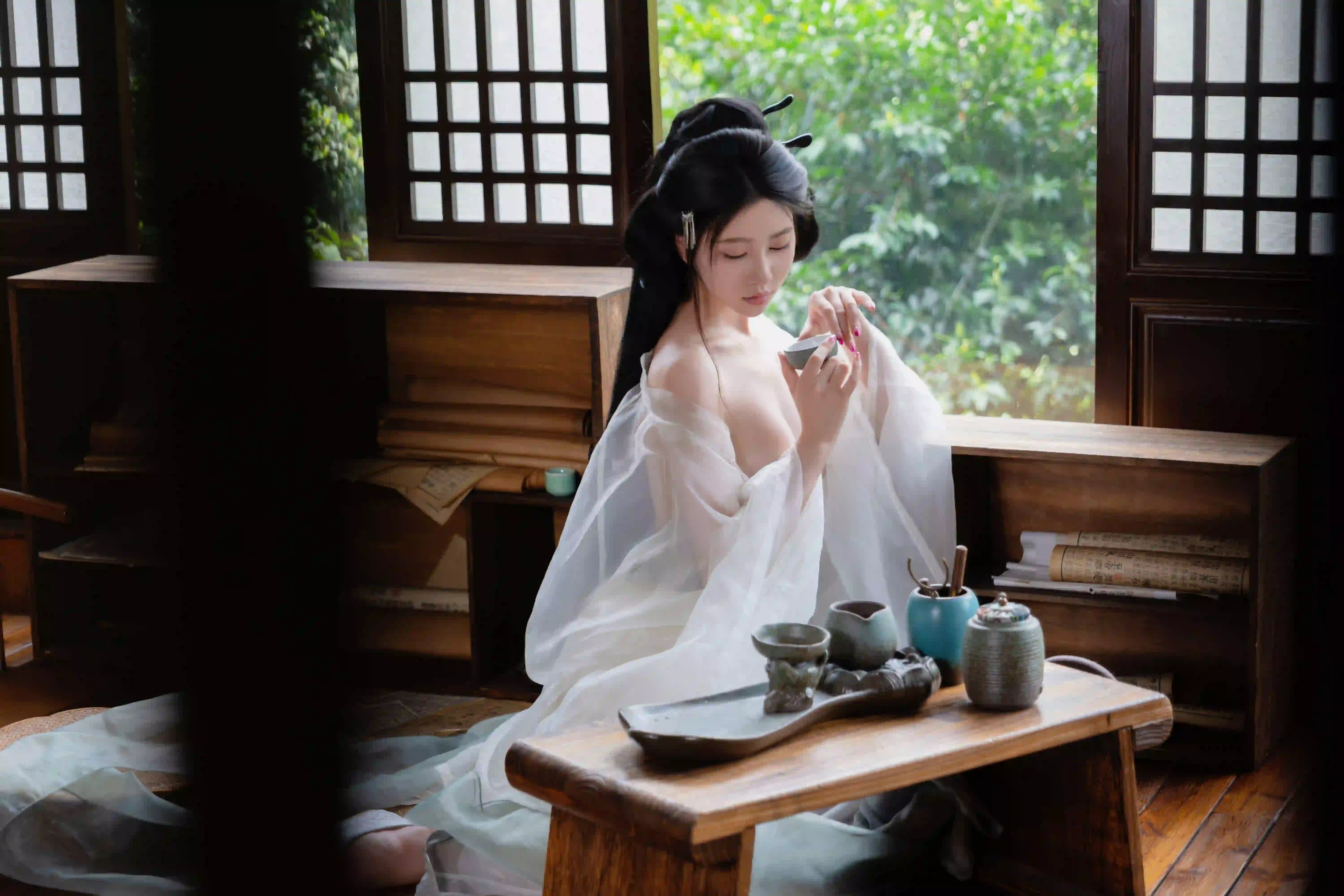  性感 喝茶 古风汉服美女 性感美女 古风穿搭 居家 古风建筑
