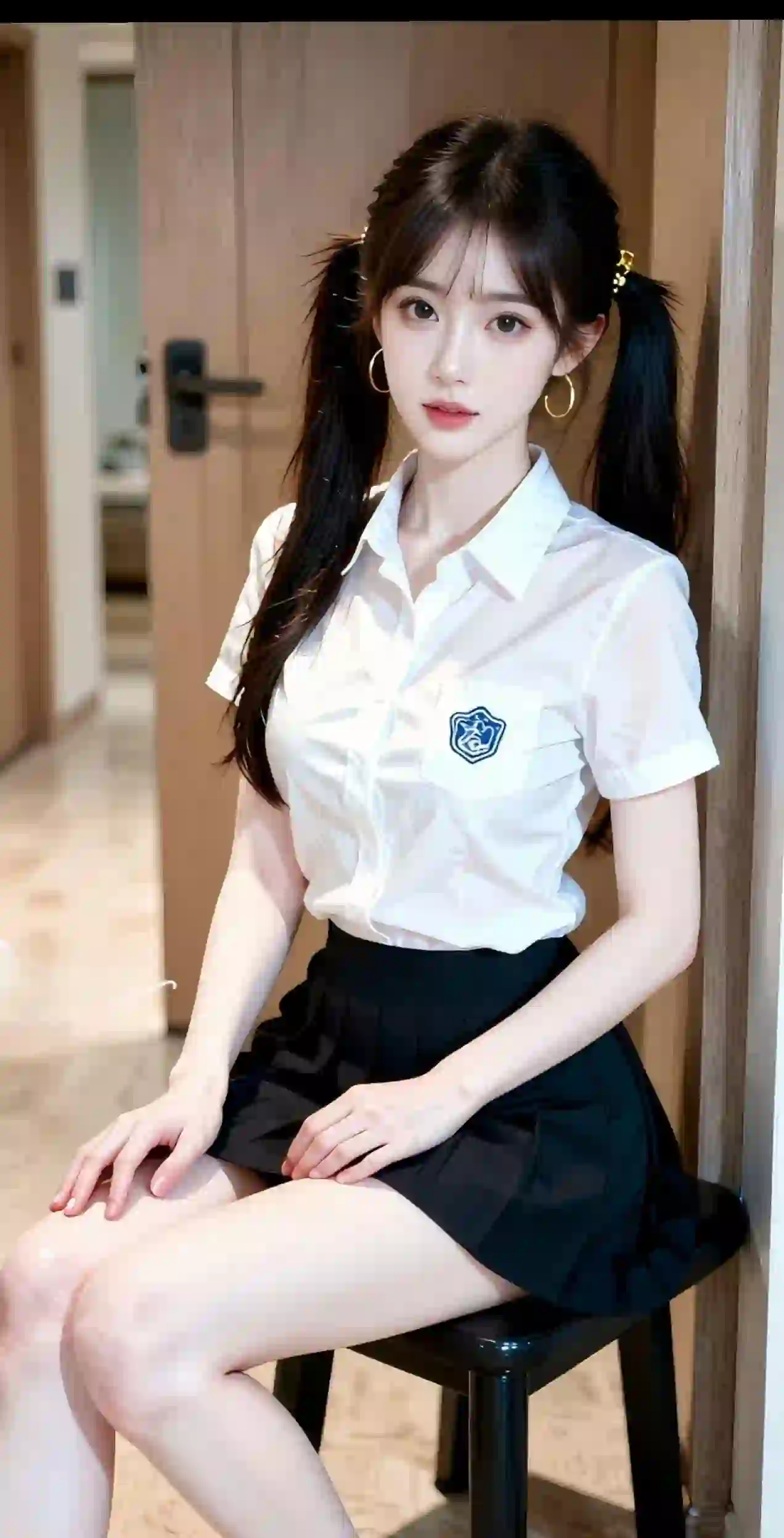 双马尾女孩 jk穿搭 白色衬衫 黑色短裙 居家