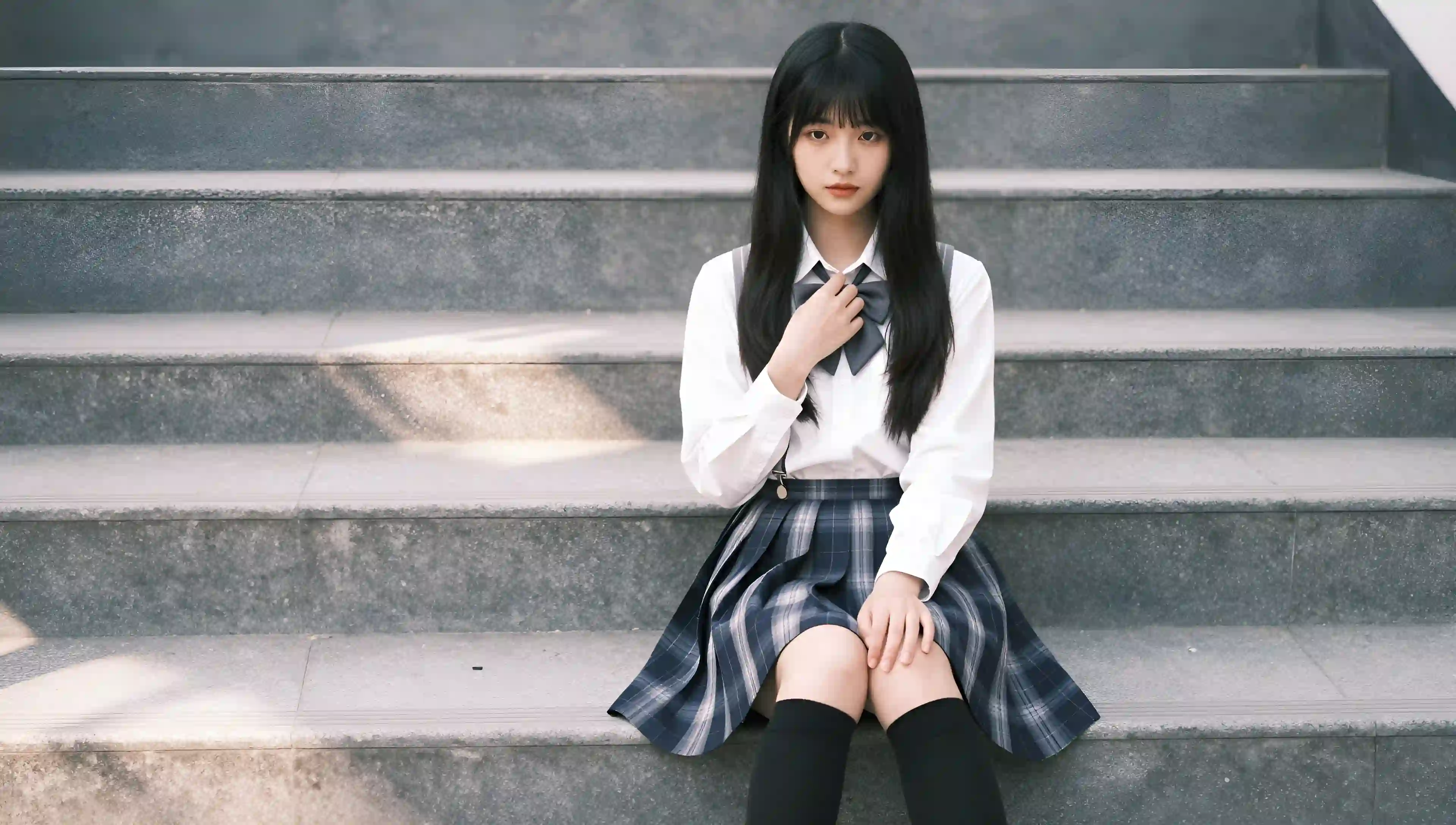 少女 JK 制服 台阶 阳光 安静 校园