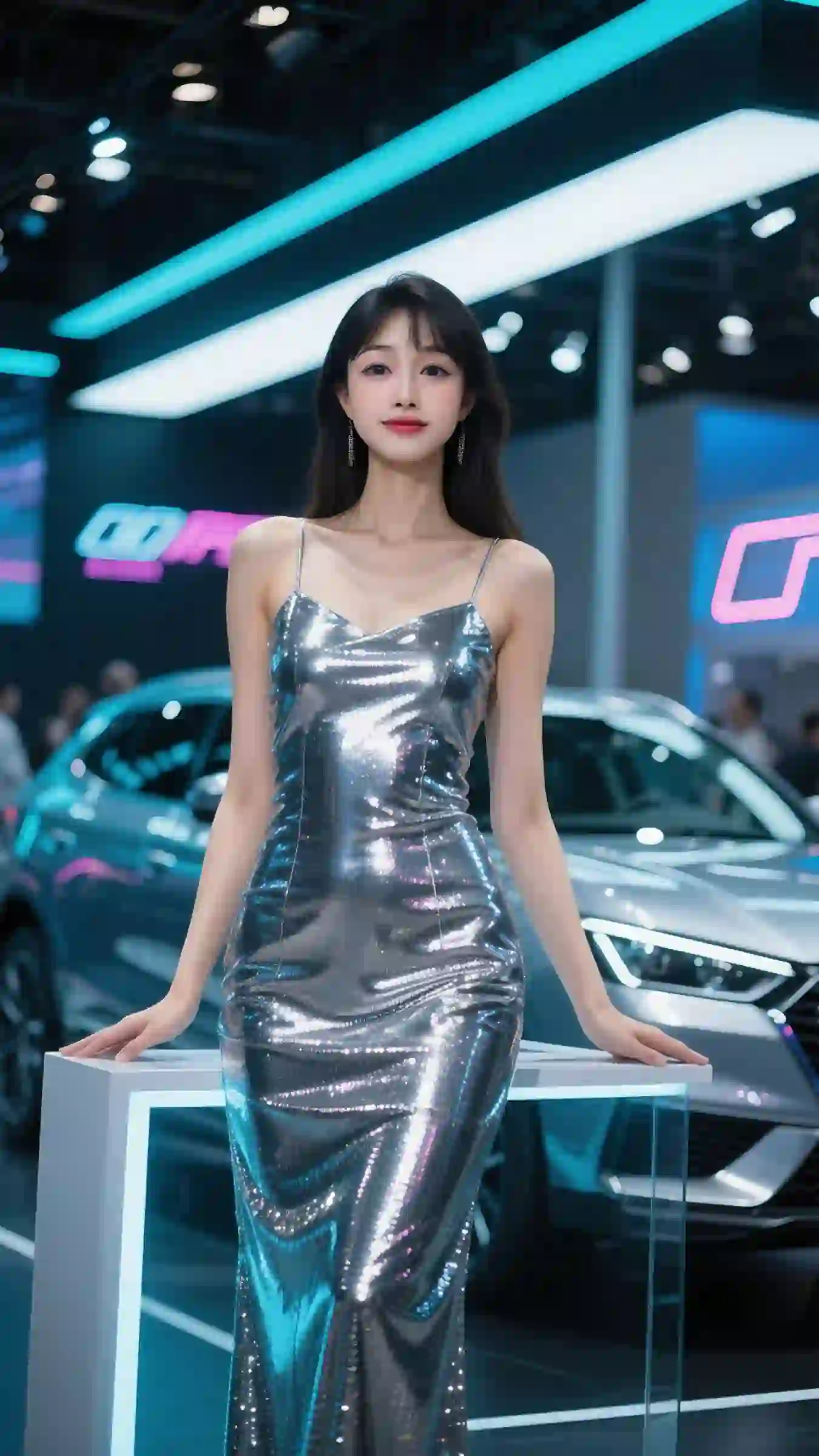 时尚美女 车模 银色吊带长裙美女 吊带美女 