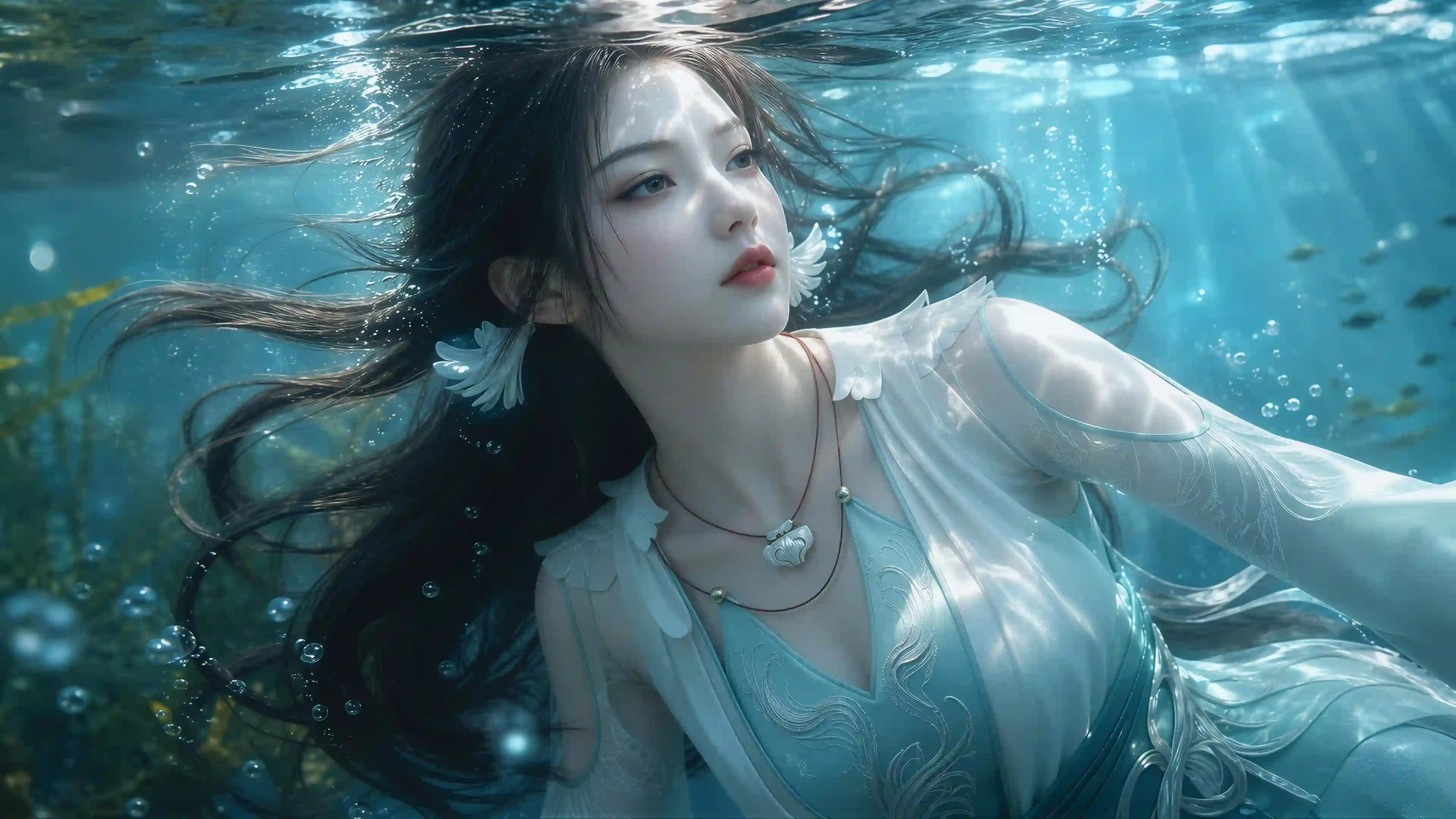 水下女孩 唯美 梦幻 蓝色 气泡 深海