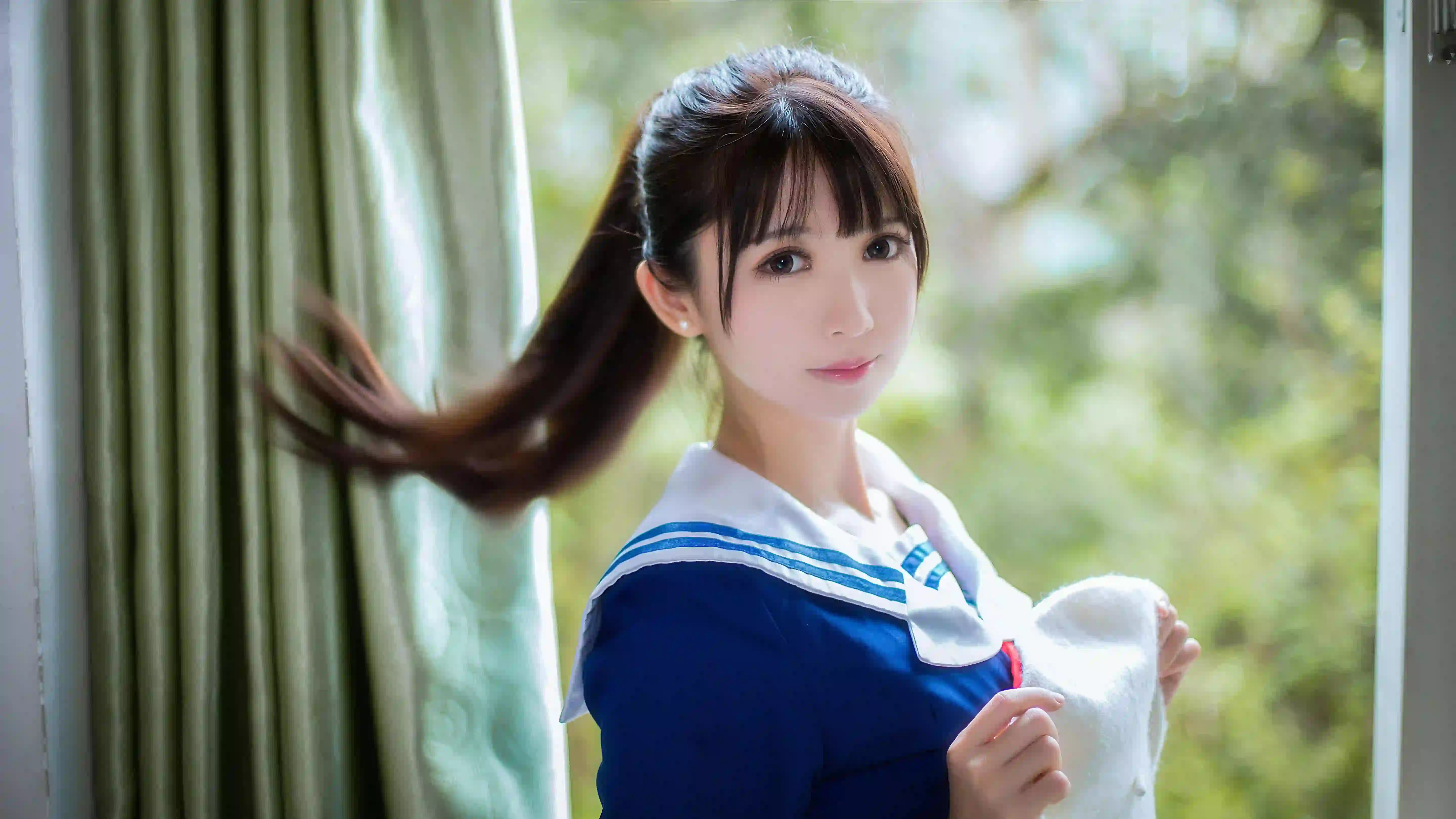 jk穿搭 单马尾 长发清纯美女 居家 