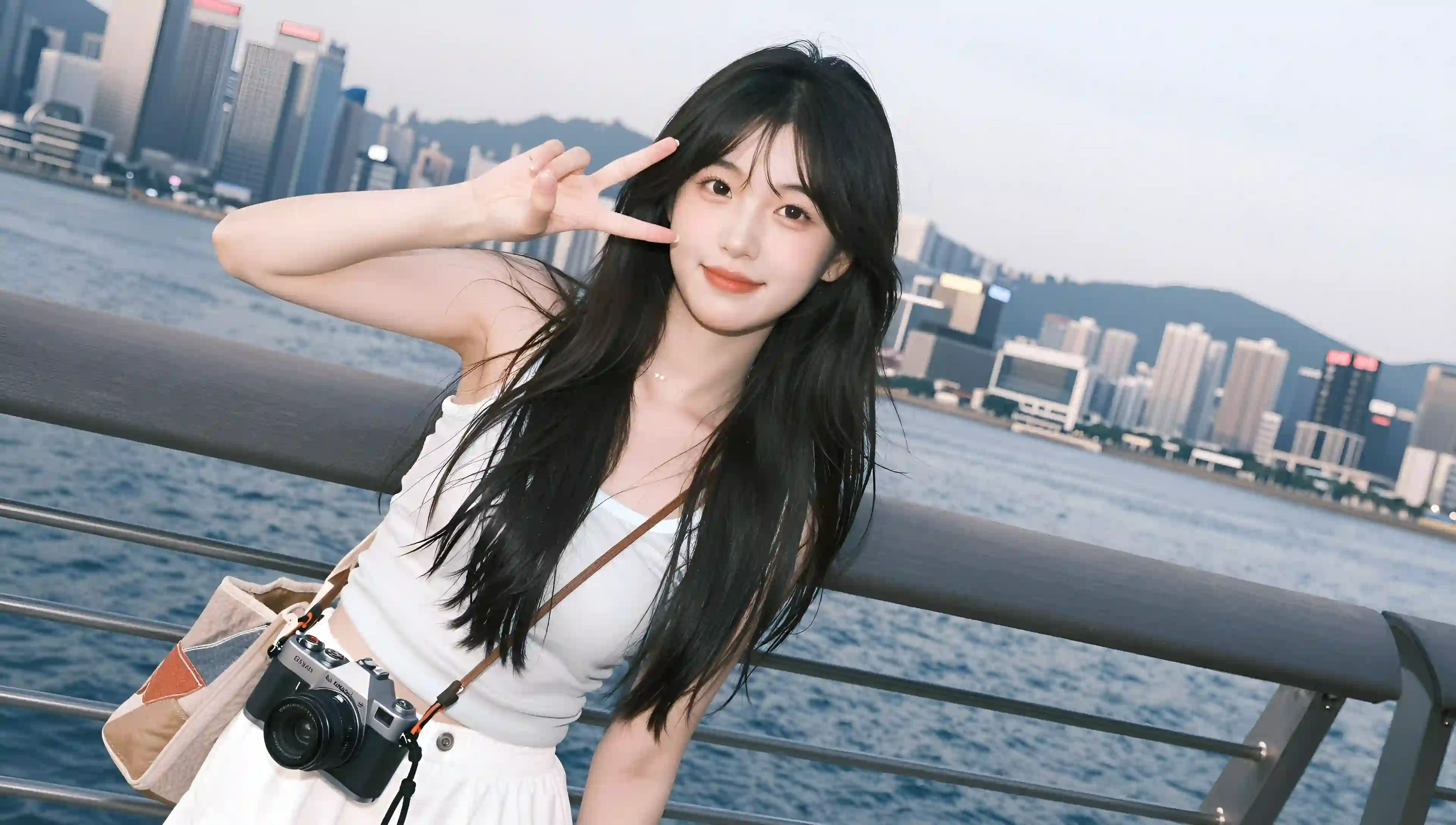 长发美女 白色吊带 白色裙子 相机 户外 剪刀手