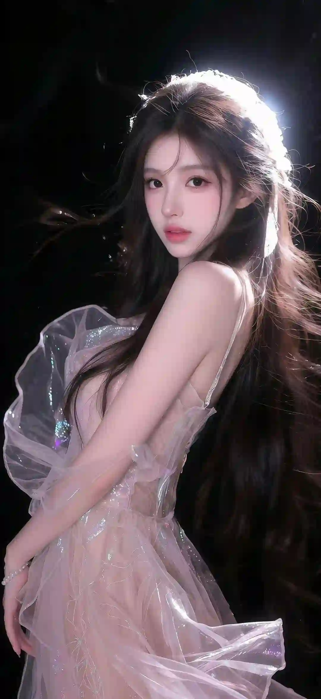 唯美少女 薄纱裙 逆光 暗黑背景 梦幻 壁纸 女神