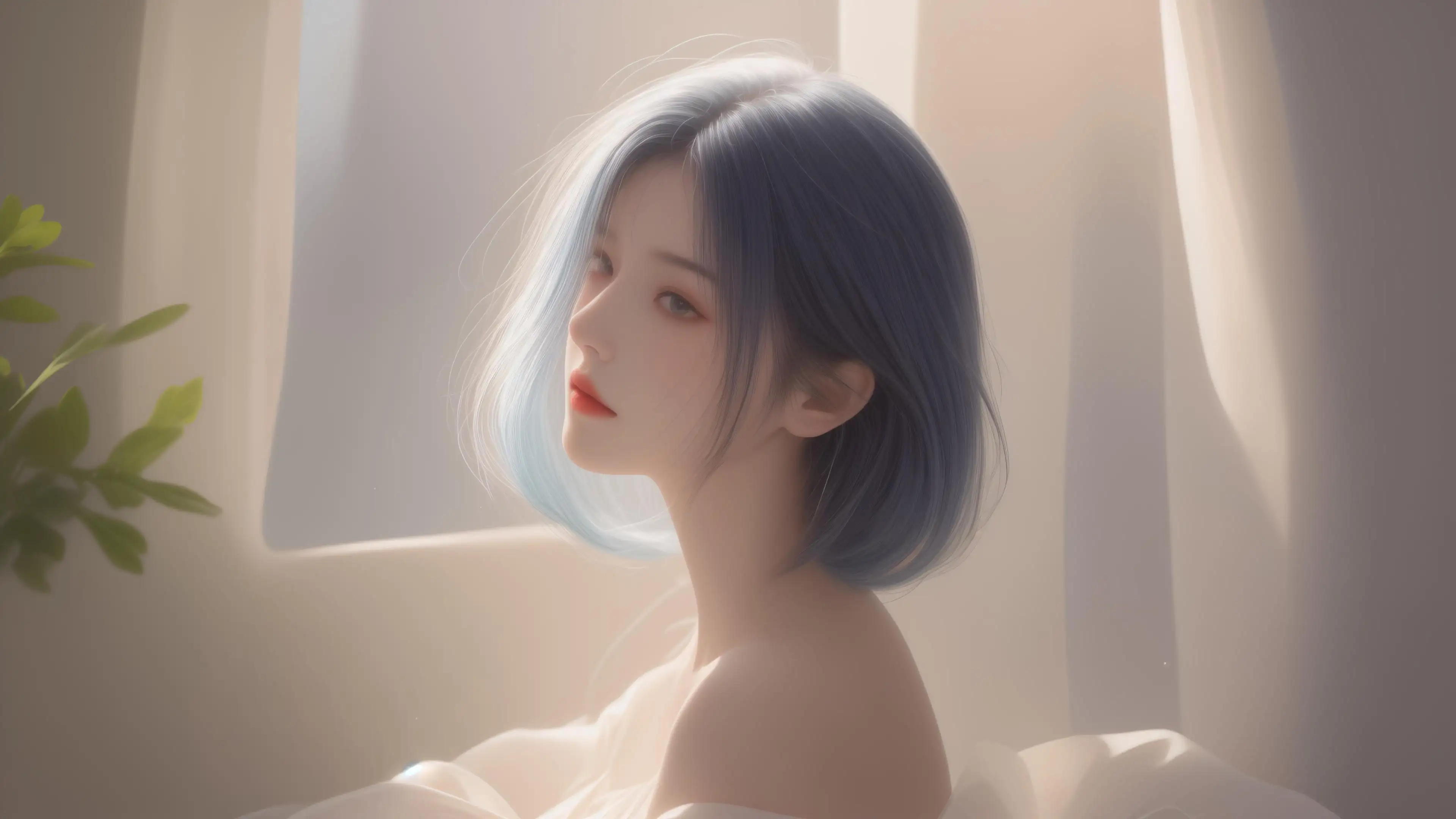 唯美短发女孩 绿色植物 屋内 4K壁纸 