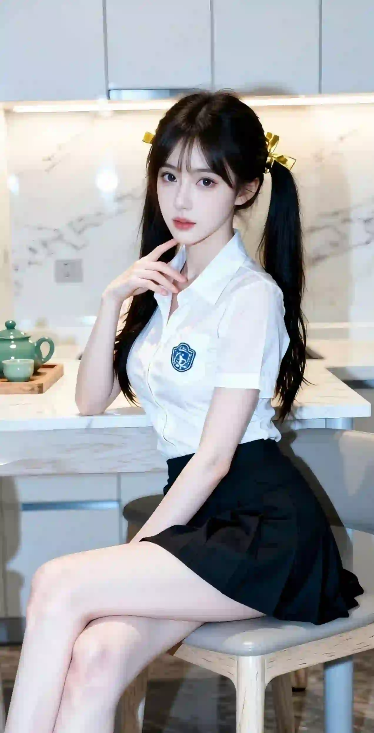 jk制服 长发美女 清纯 居家 双马尾 黑色短裙