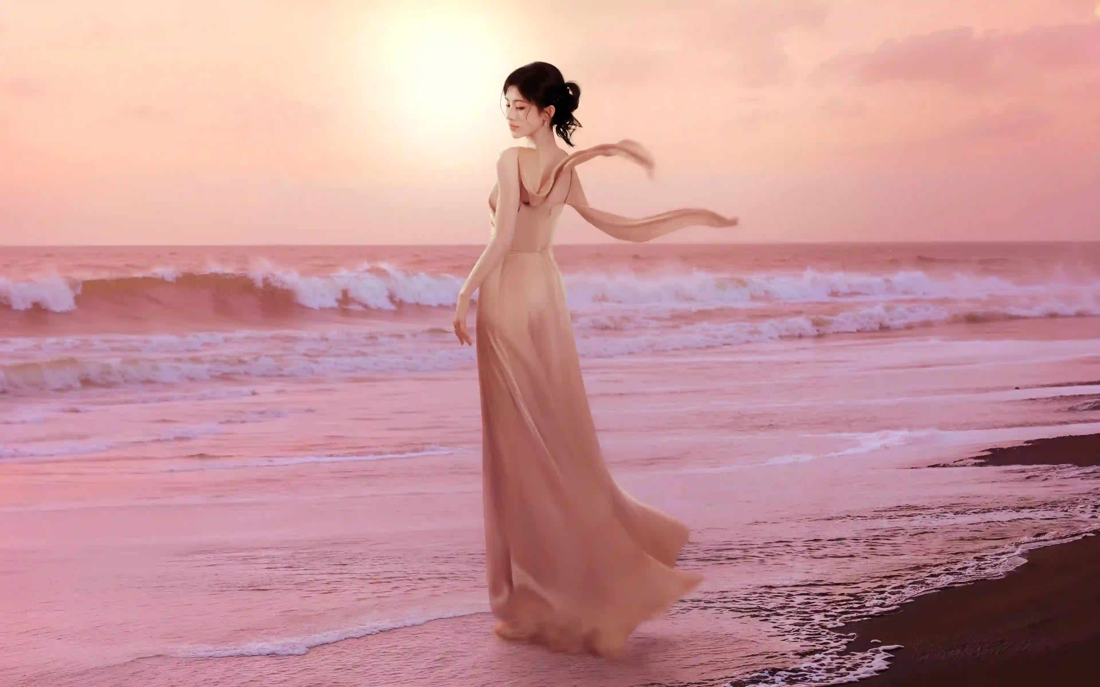 鞠婧祎 海边 海滩 优雅美女 阳光 海 夕阳