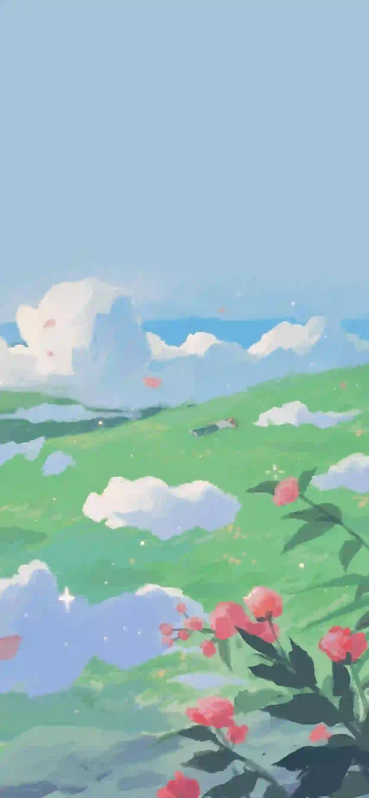 动漫风格 风景 白色云朵 红色花朵 绿色草原