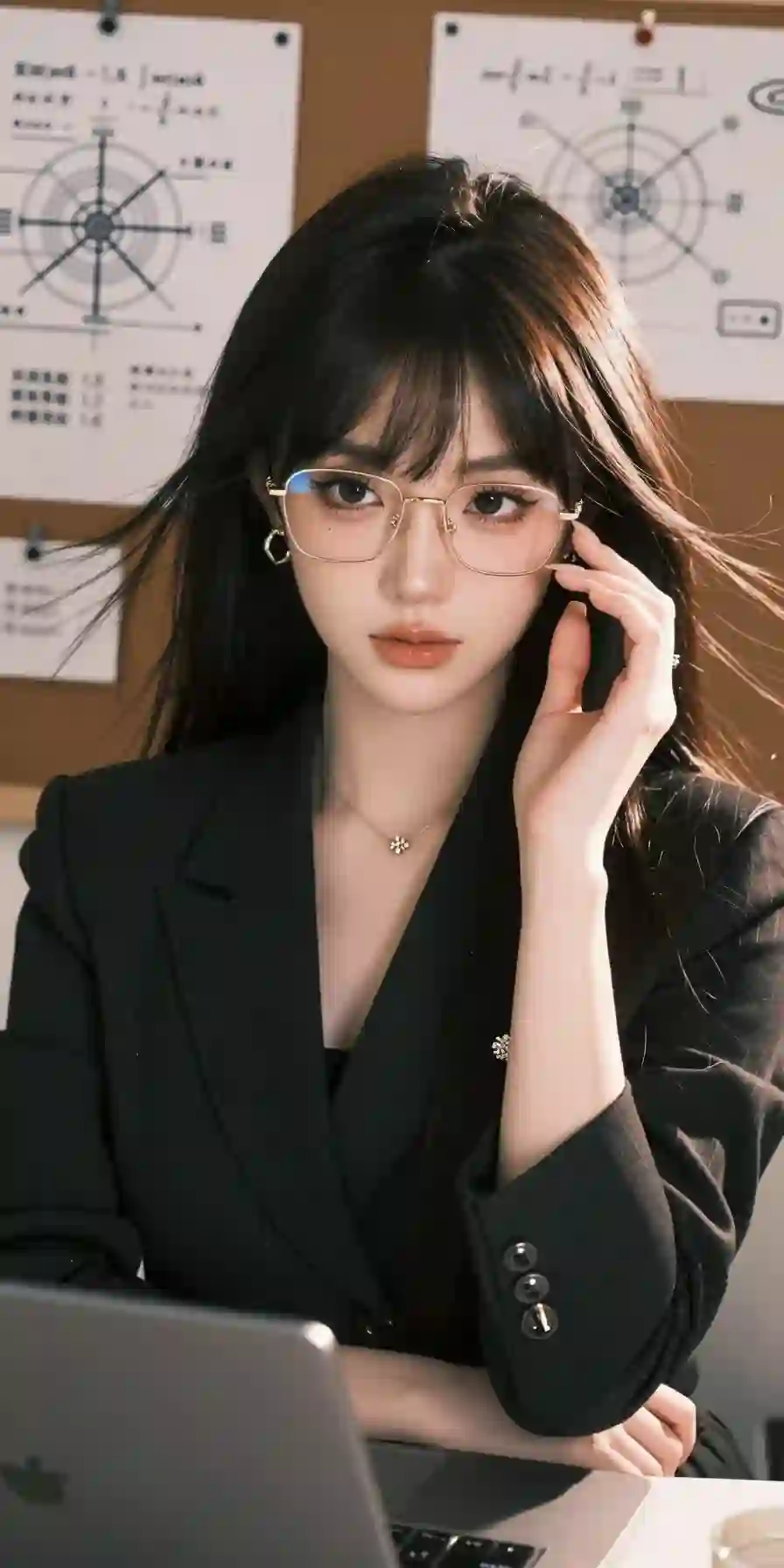职业穿搭 长发美女 性感 黑色西装 金属边框眼镜 性感 御姐