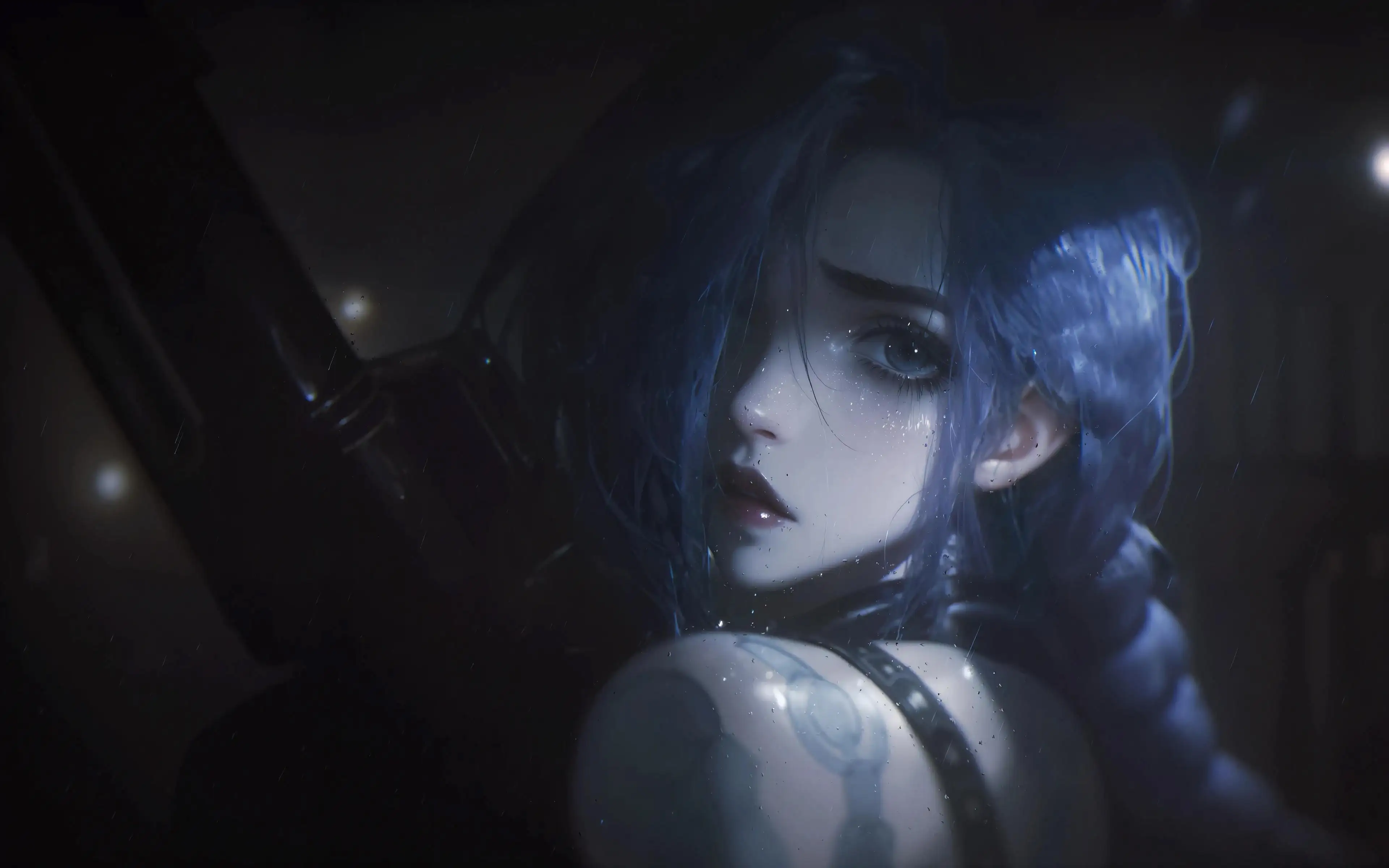 Jinx 金克斯回眸一笑 回头 雨水 4K壁纸 