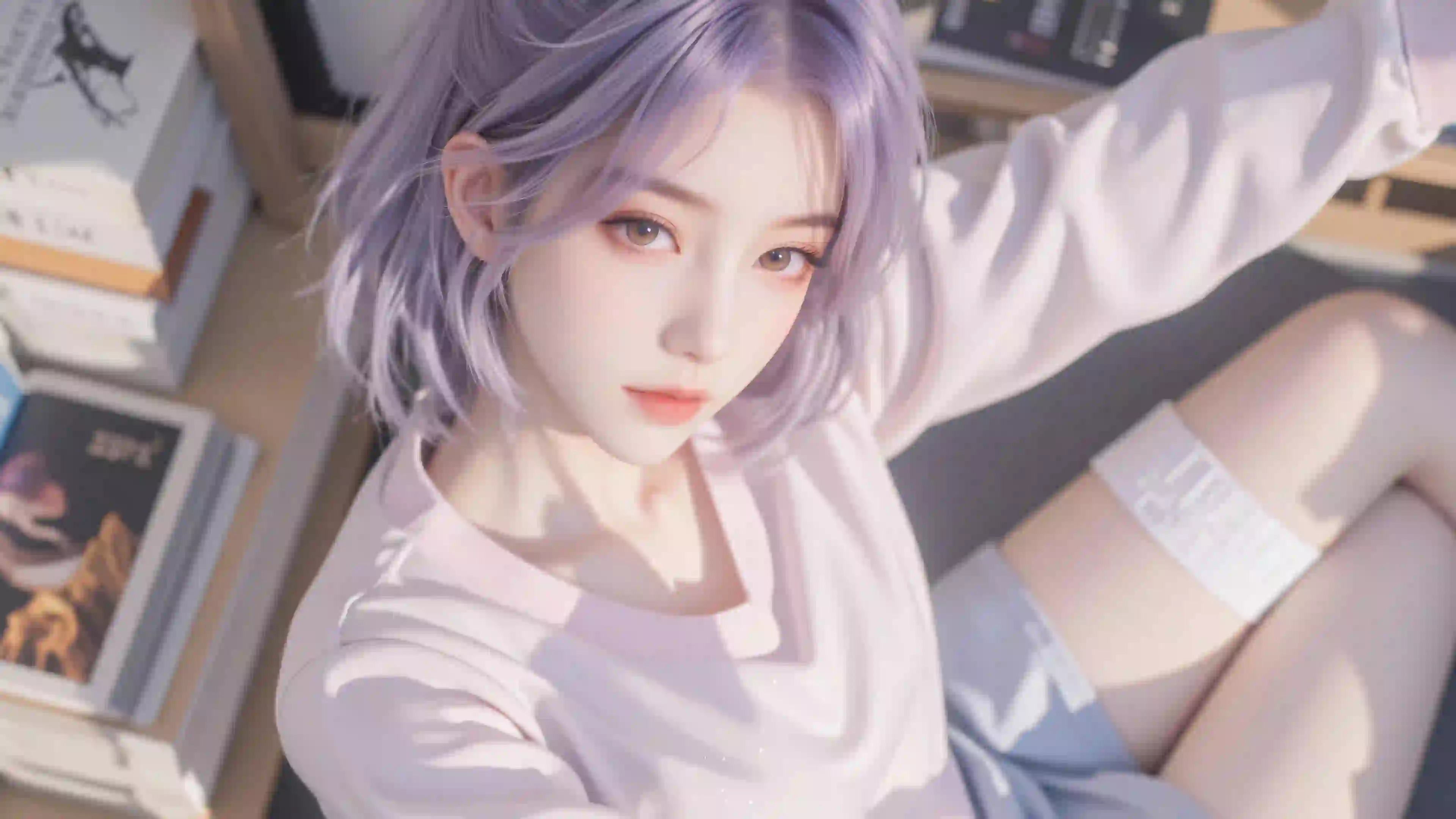 紫色短发个性美女居家