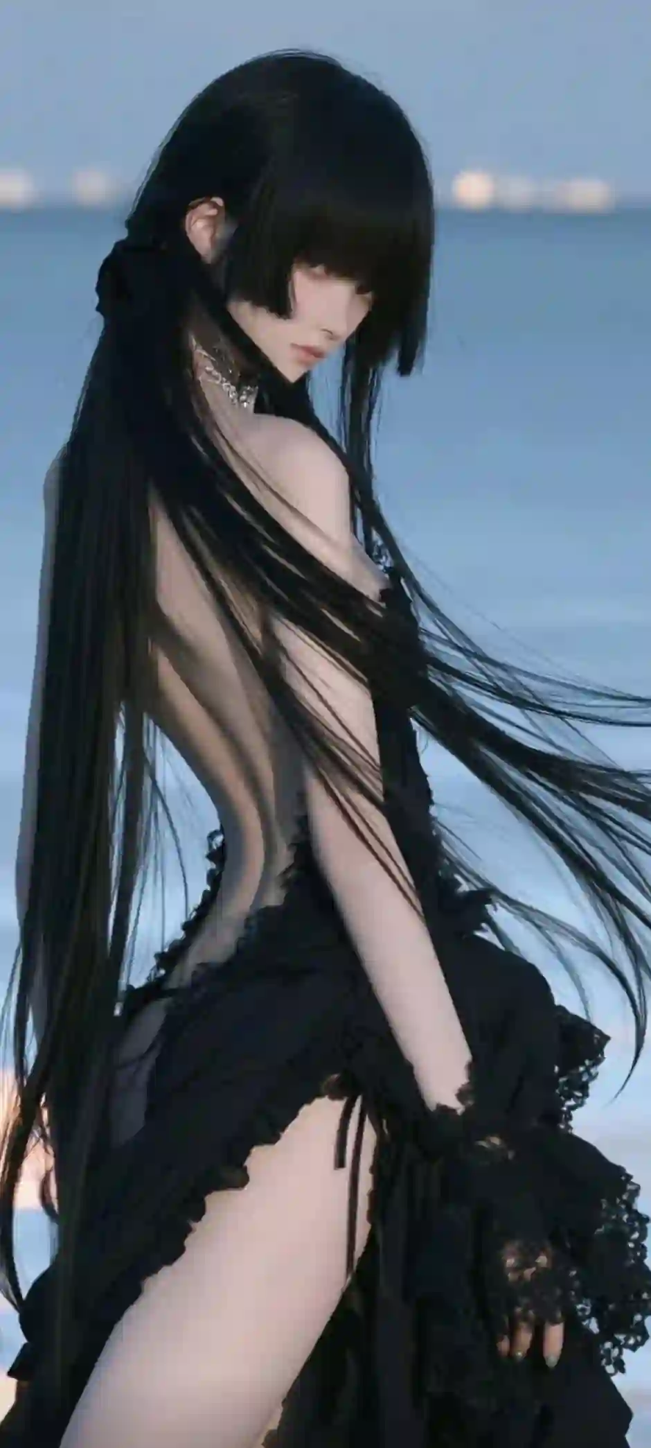 海边 黑色连衣裙 女孩 唯美 壁纸