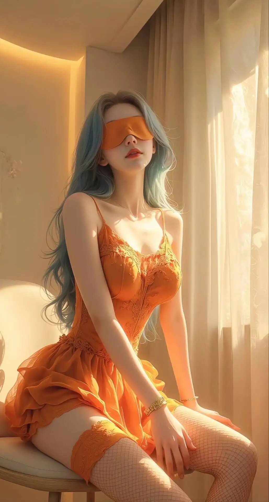 AI 蒙眼佳人：蕾丝吊带睡裙搭配丝袜美腿的梦幻影像手机壁纸