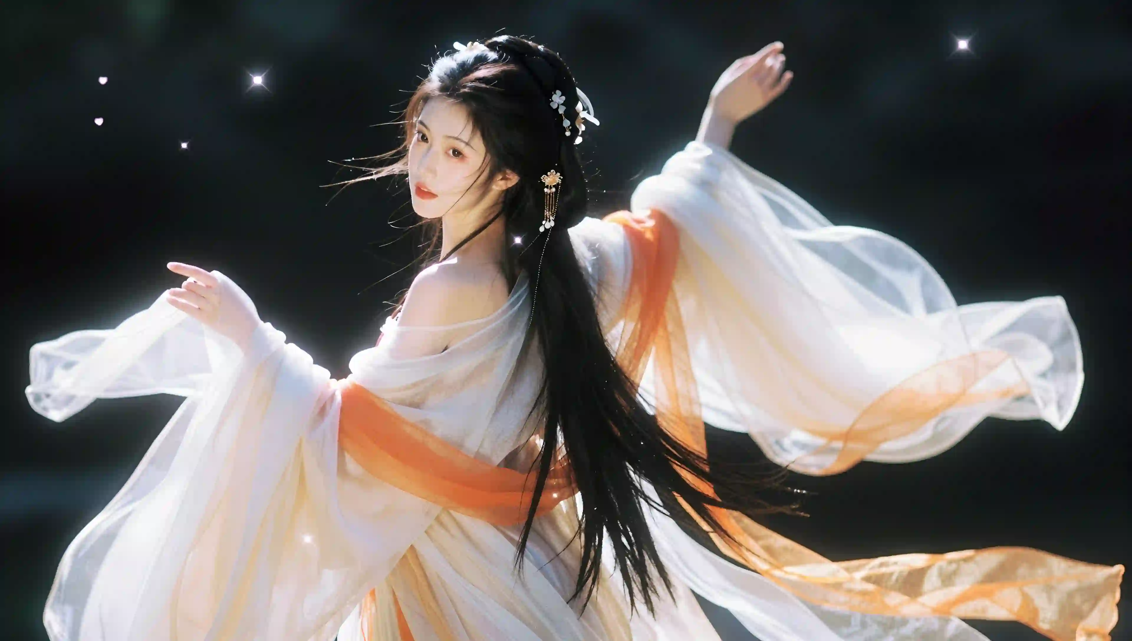 汉服 飘逸 少女 舞姿 光效 暗黑背景