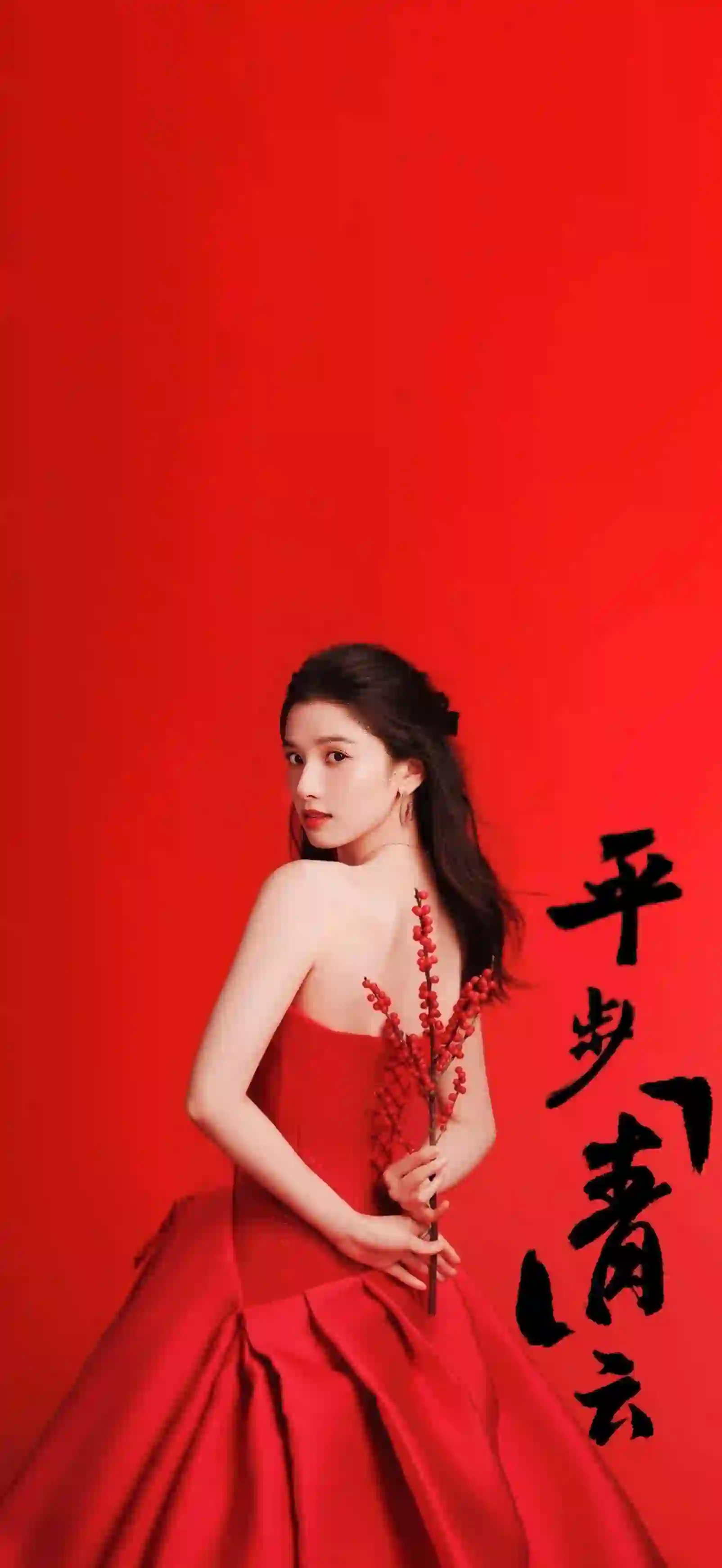 红色礼服 长发红裙美女 张婧仪 文字 红色背景