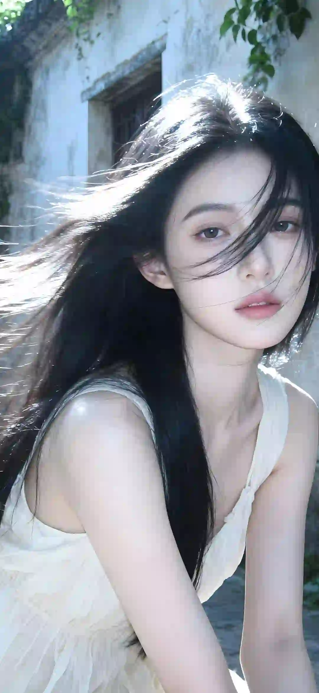 美女 长发美女 吊带美女 白色吊带美女 清纯