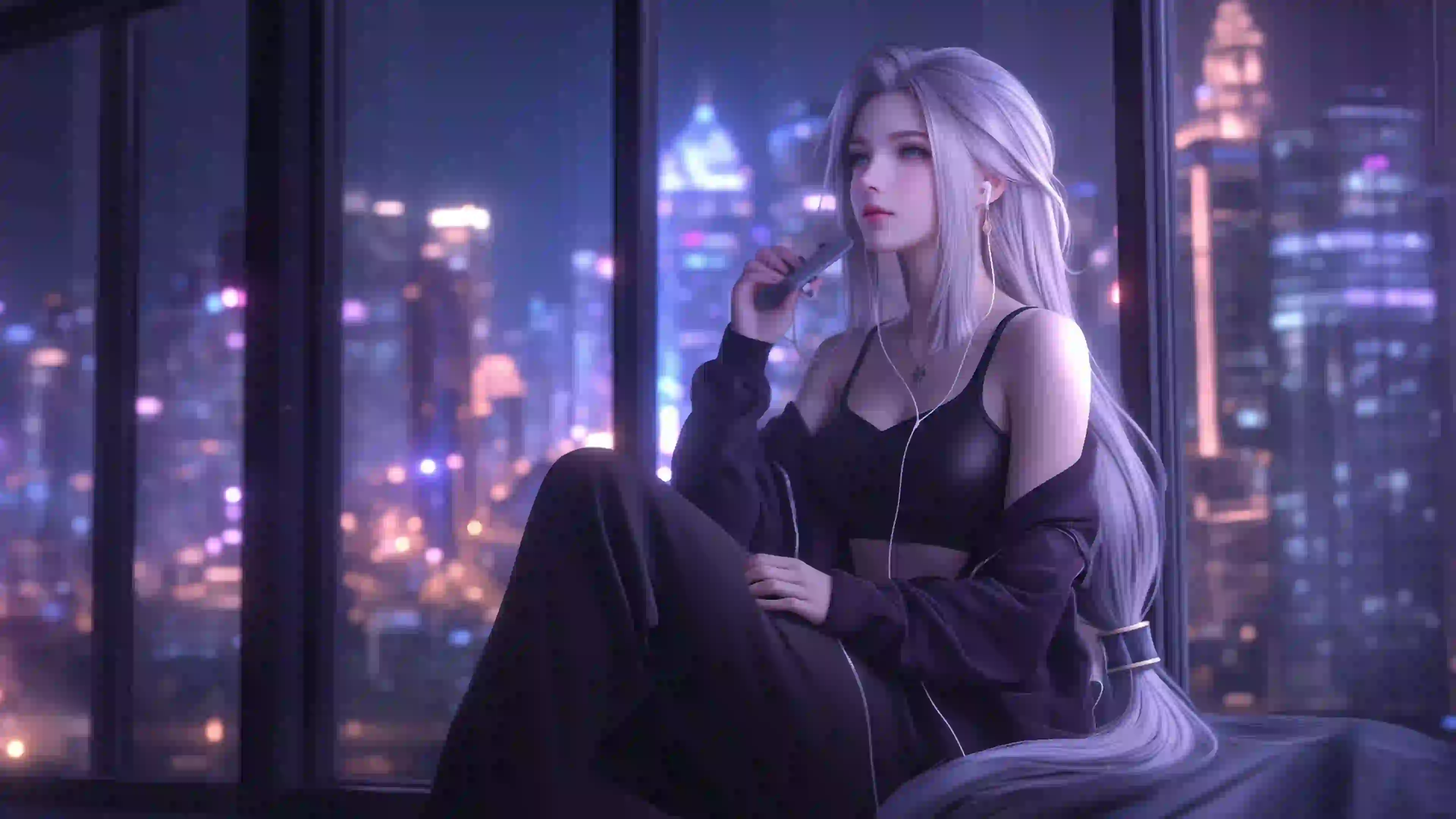 正在听音乐的长发美女 黑色吊带装 白色头发女孩 夜晚城市夜景