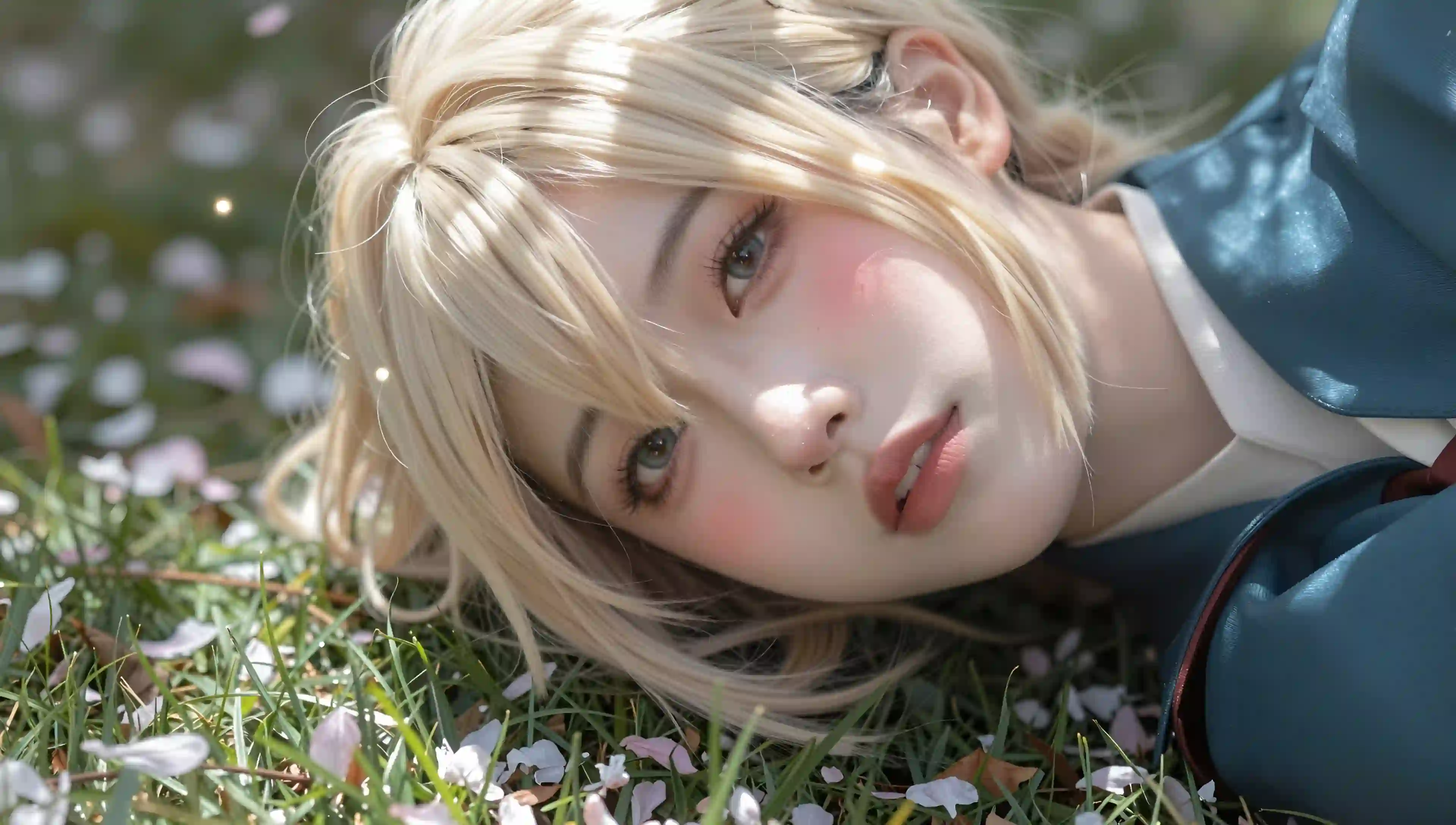 金发少女 草地 花瓣 唯美 cosplay 特写