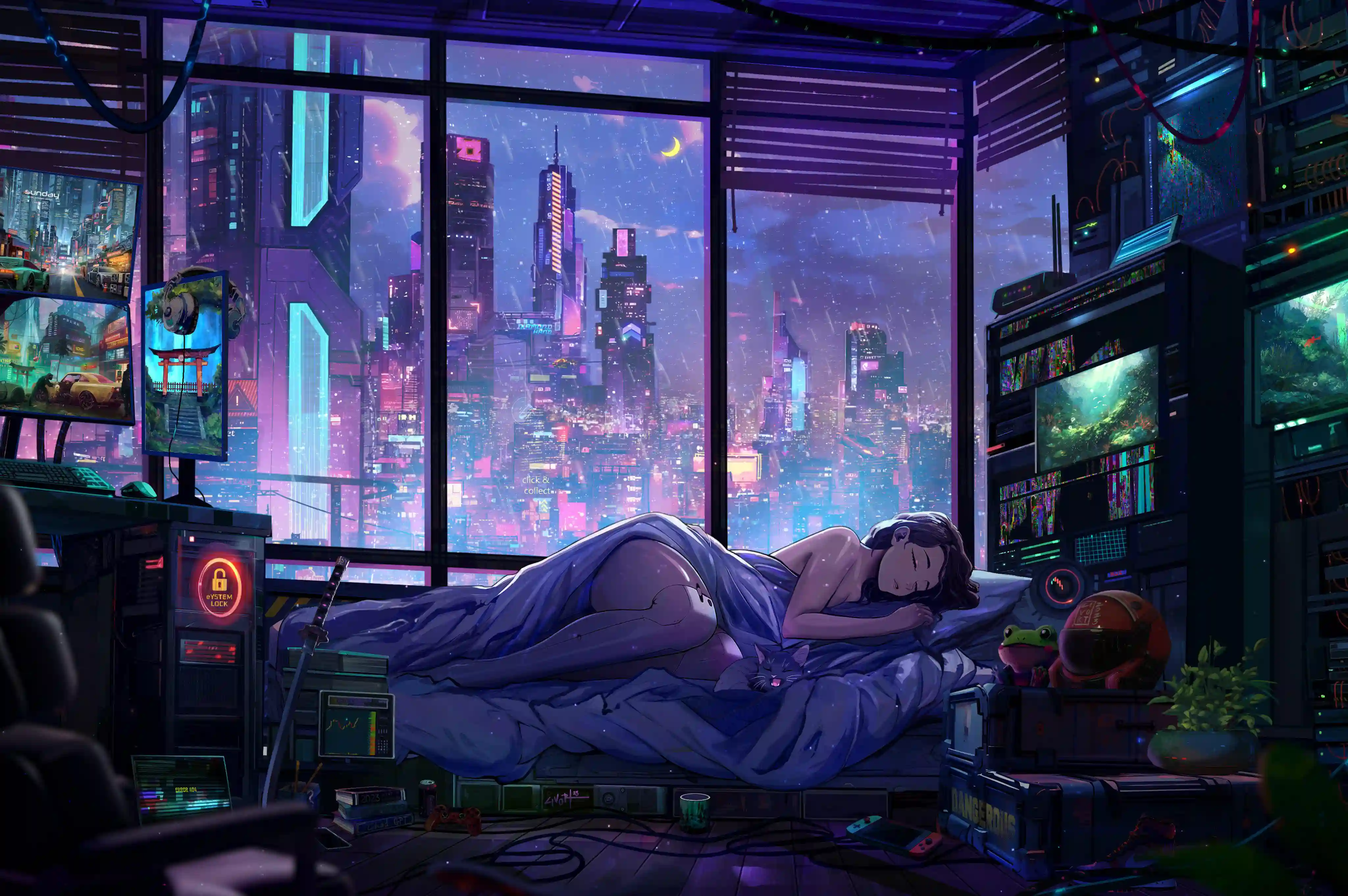 夜晚 城市 建筑 霓虹灯光 赛博朋克 女孩 机械