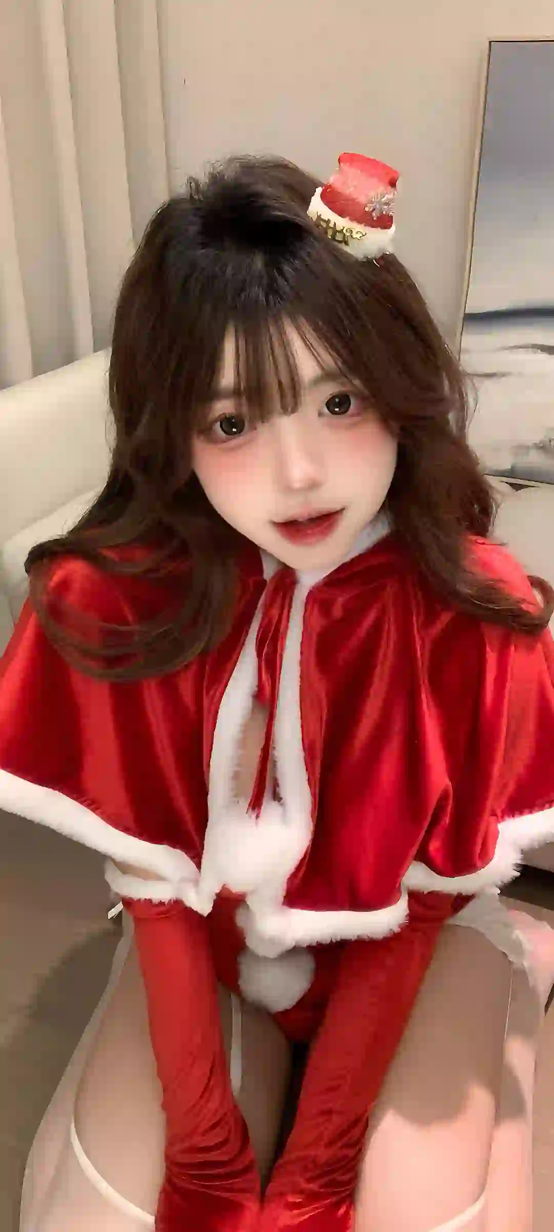 红色衣服 性感美女 丝袜 白色丝袜 圣诞元素