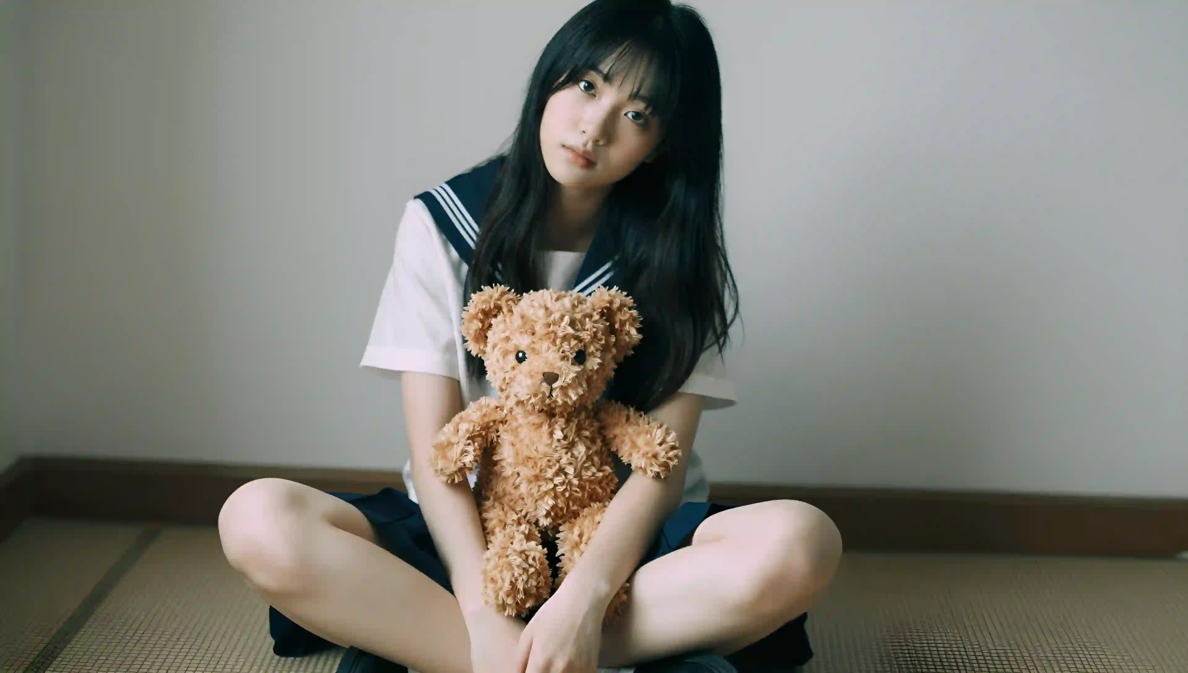 水手服少女 泰迪熊 室内 写真 清新 可爱