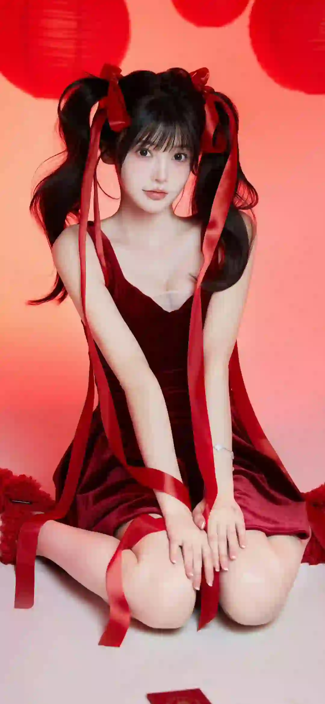 红色裙子 红色飘带 长发性感美女 美腿 双马尾女孩