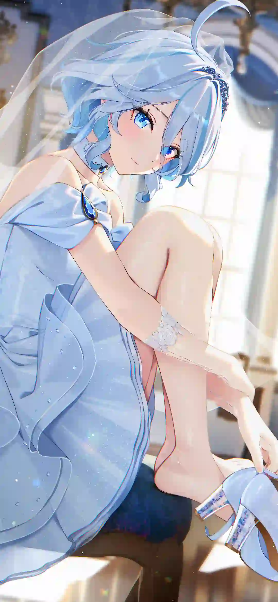 动漫女孩 二次元 水晶鞋 蓝色裙子 蓝色头发