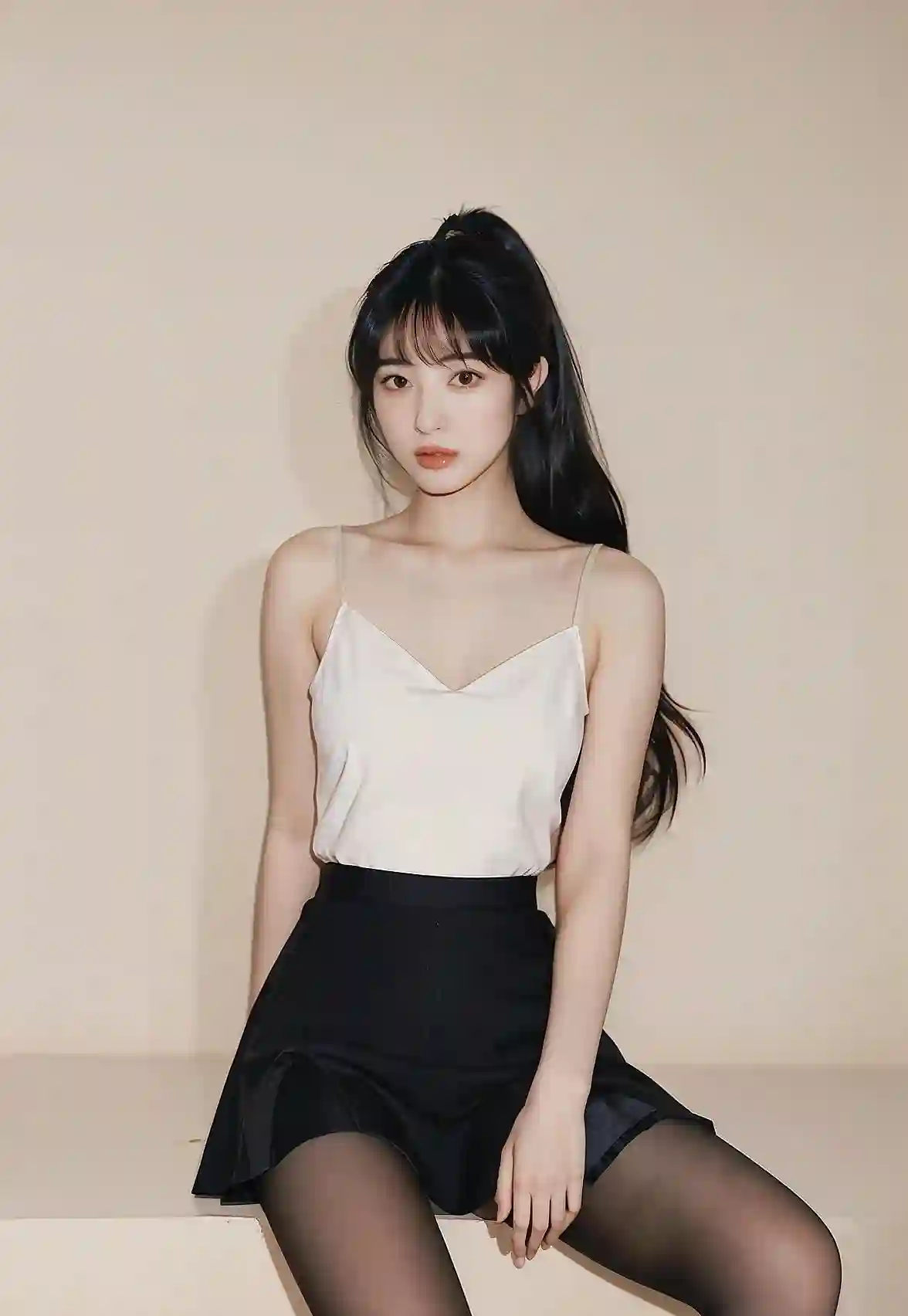 长发美女 黑丝 白色吊带装 黑色小短裙 