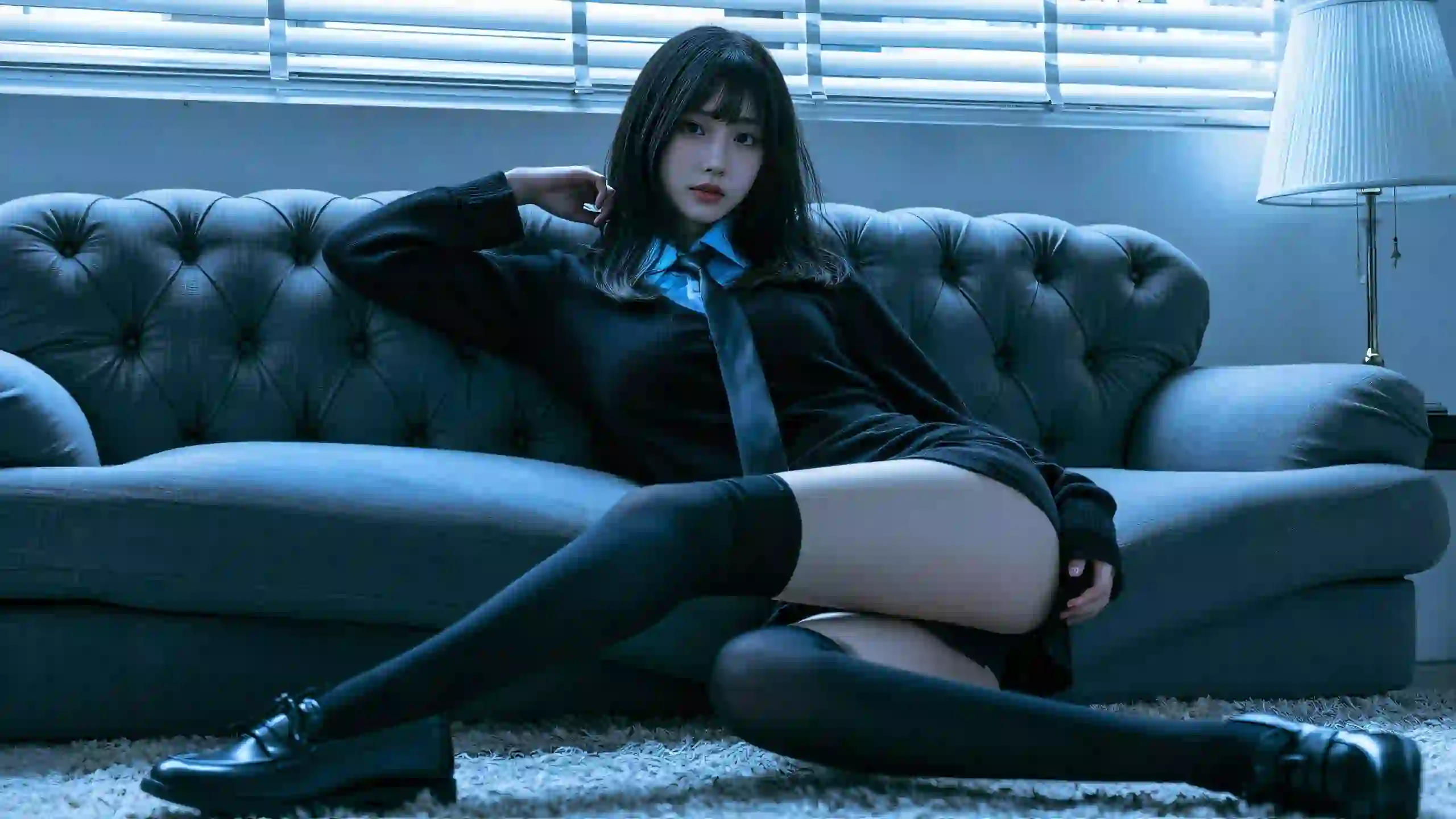 长发清纯美女 长腿 沙发 黑色衣服 黑丝美女