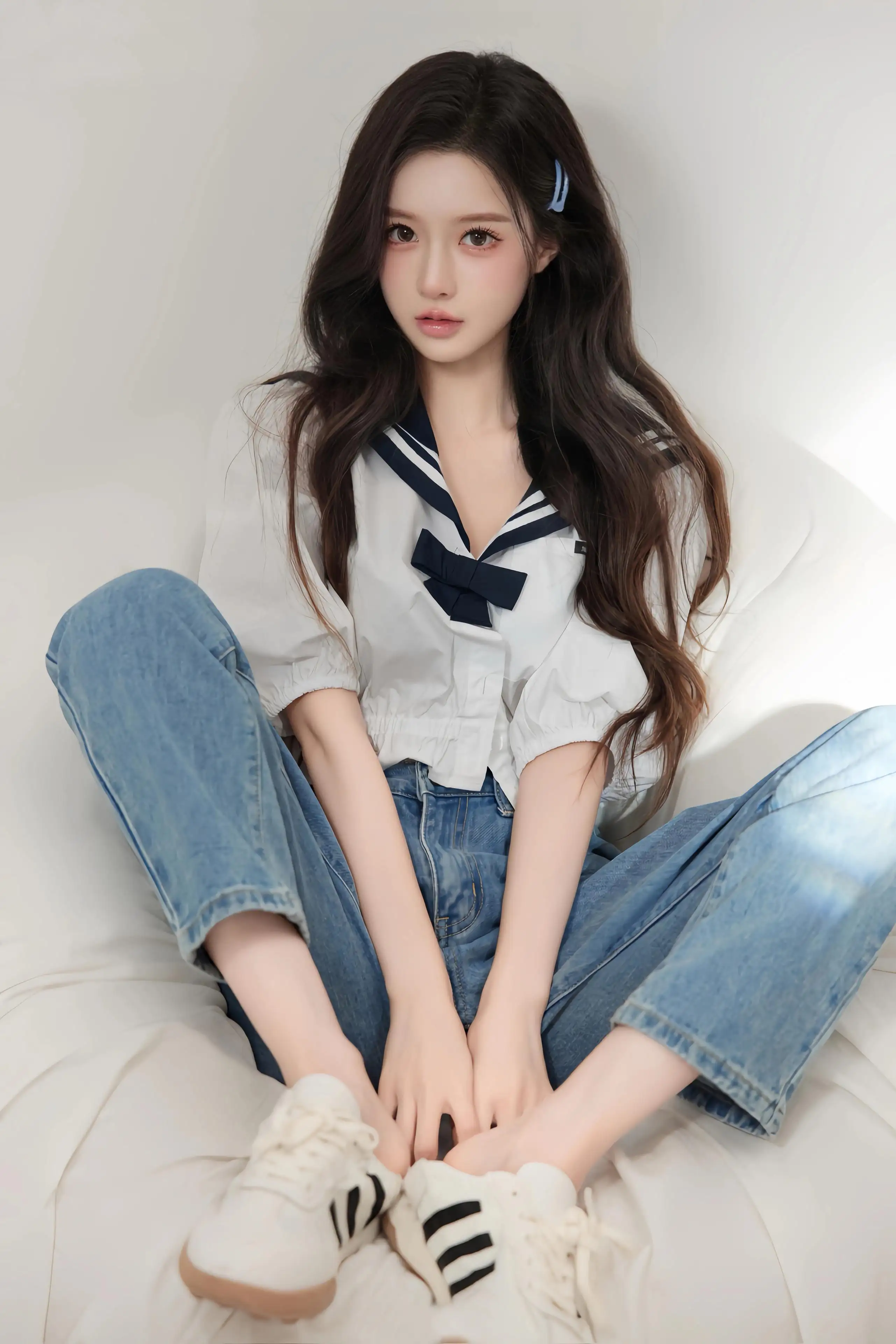 漂亮长卷发少女白色衬衫牛仔裤4k
