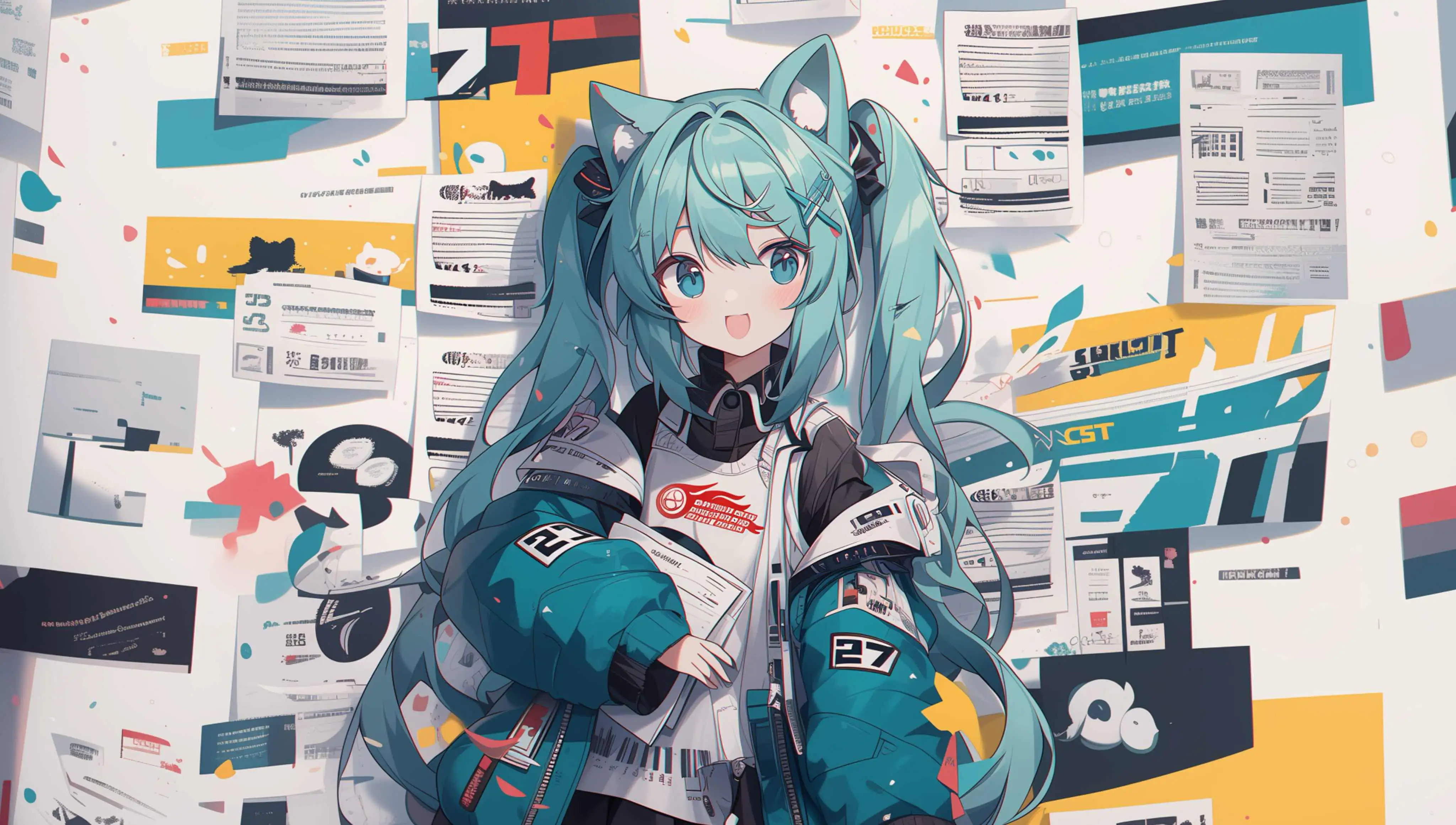 报纸墙可爱绿发女孩｜可爱