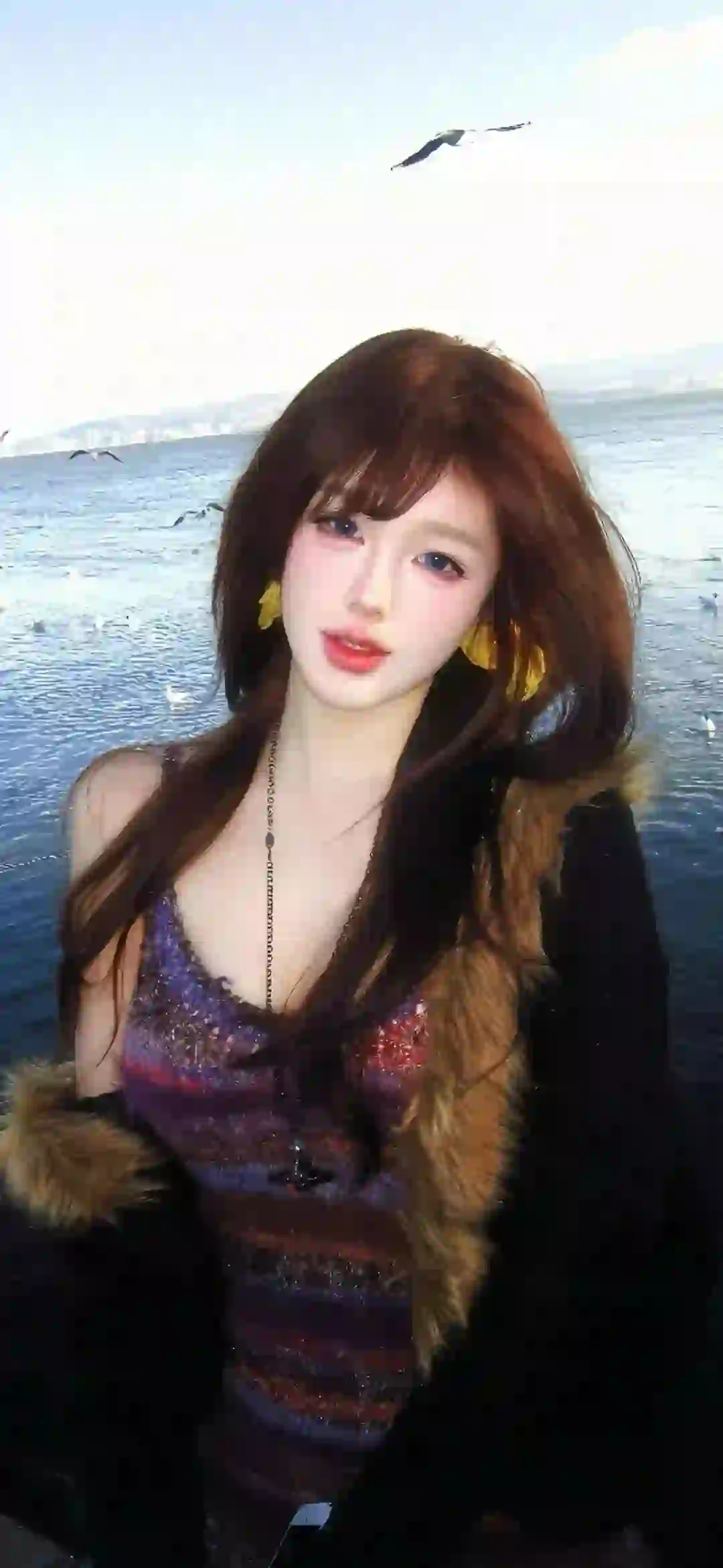 个性穿搭 户外写真 长发美女 海鸥 海