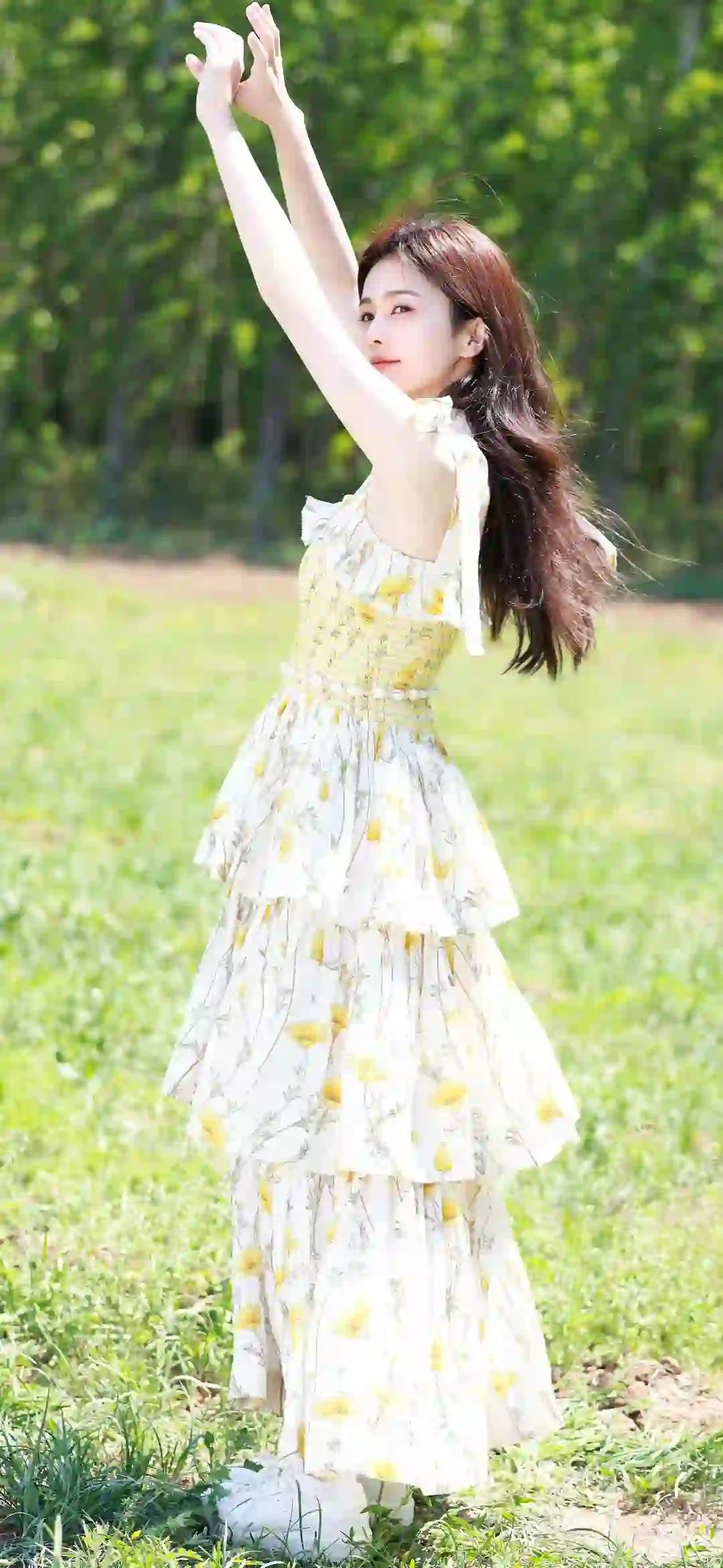 长发阳光美女 白鹿 菊花碎花长裙 户外 大自然