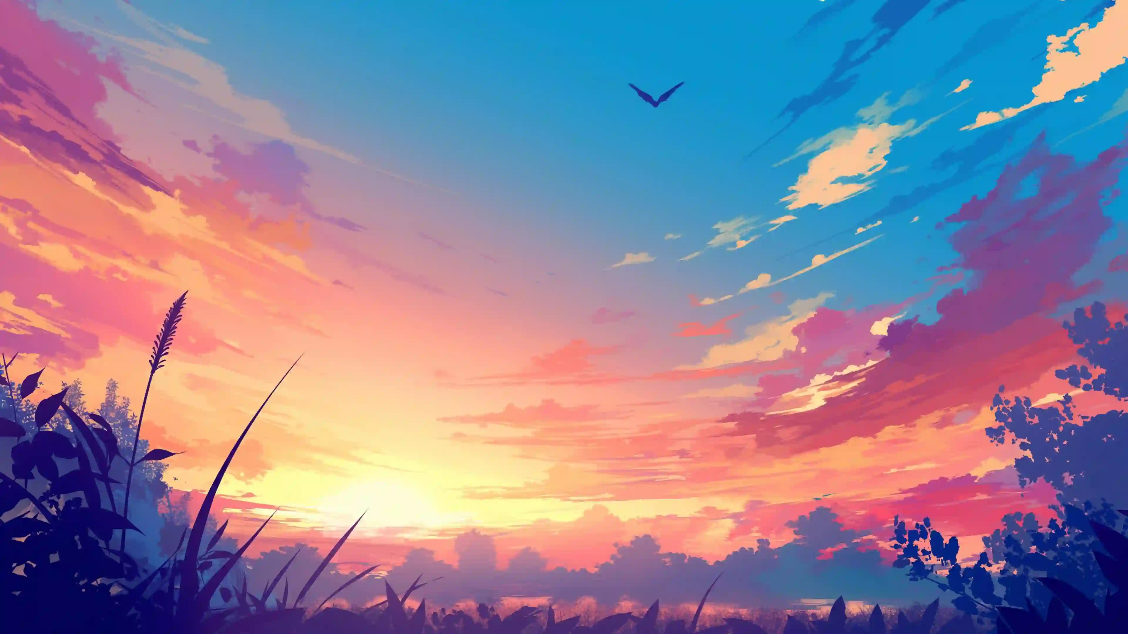 天空 晚霞 风景 动漫 插画 日落 剪影