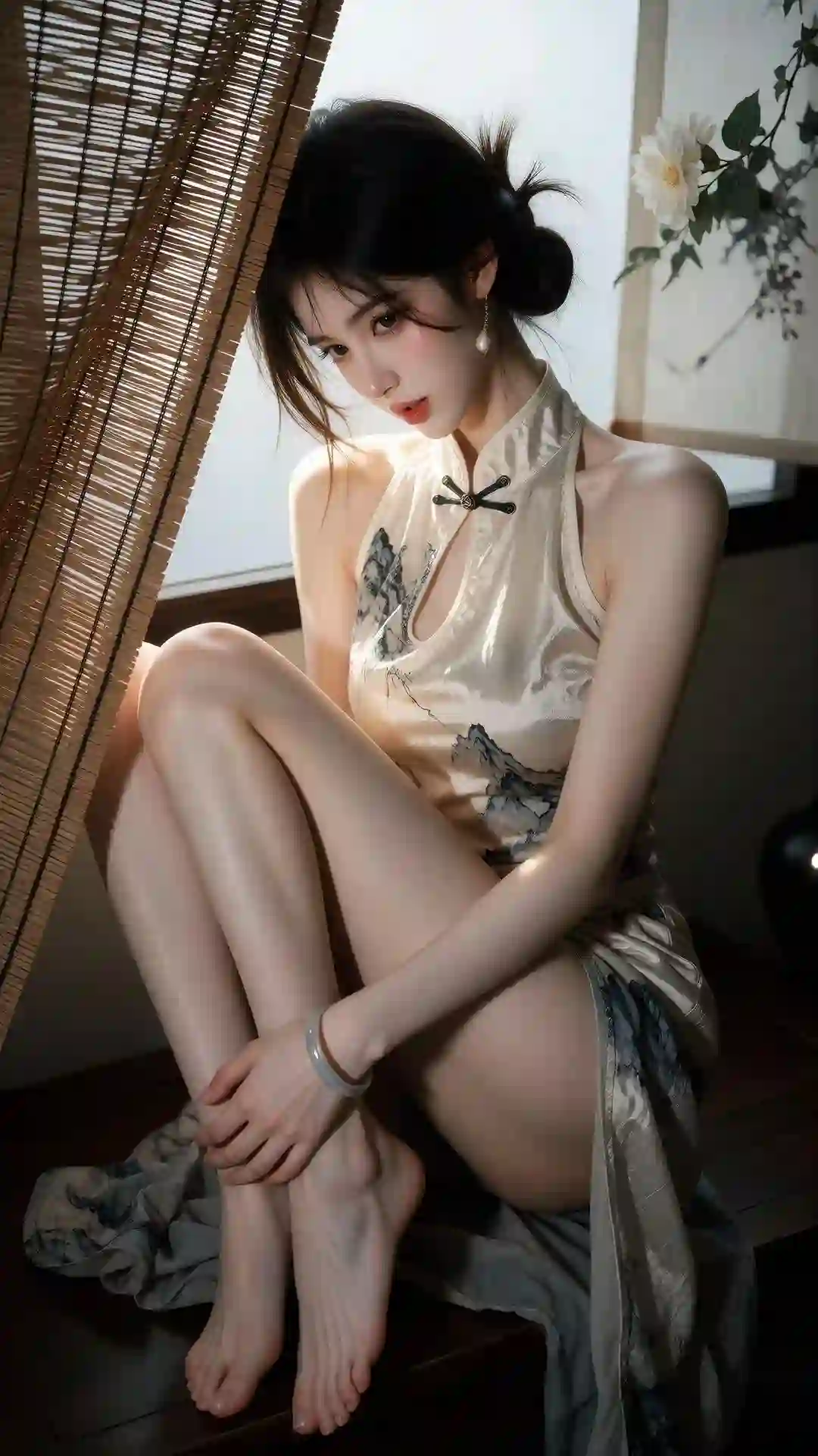 改良旗袍 女子 室内 竹帘 优雅 跪坐