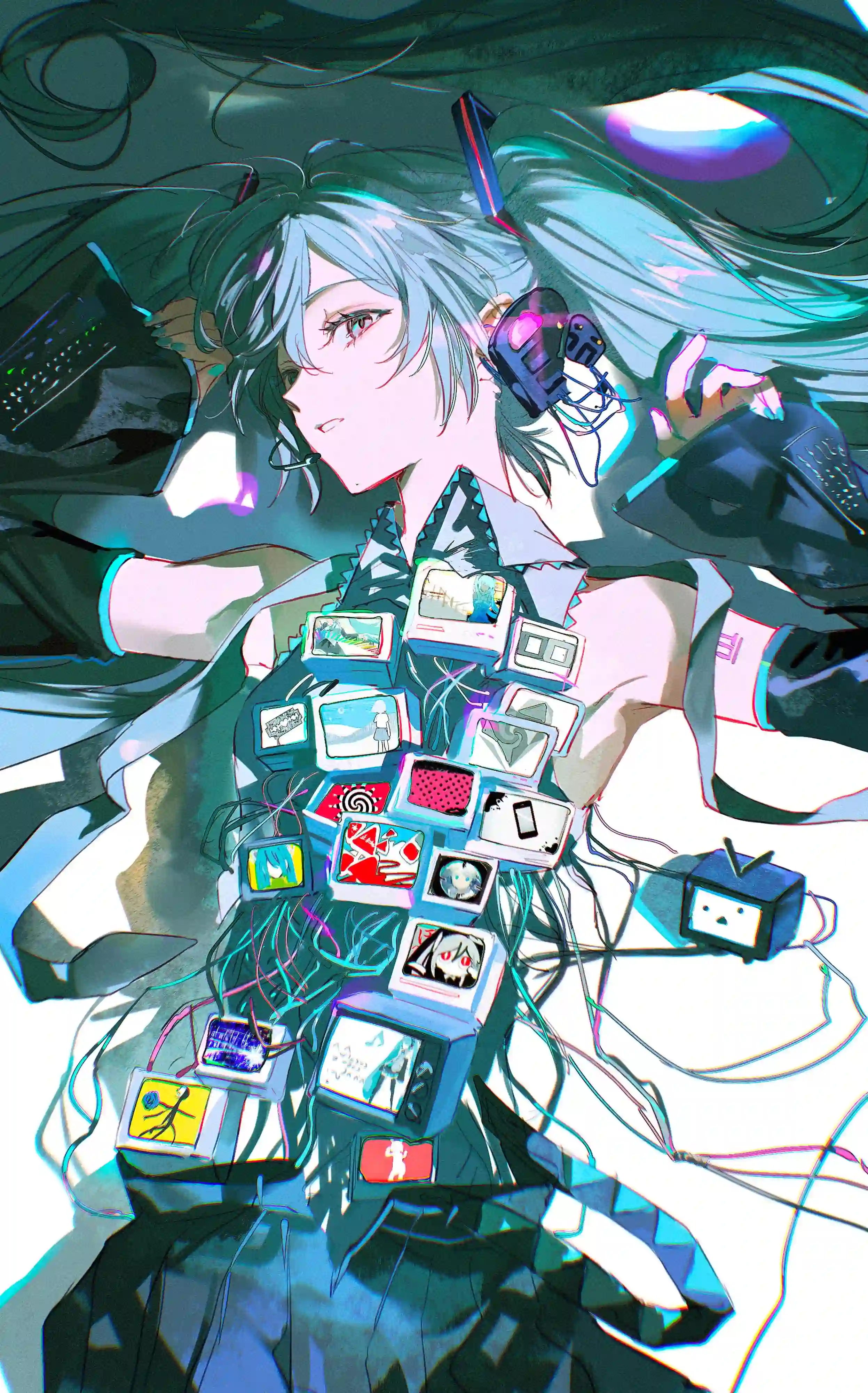 初音未来 赛博朋克 电视机 蓝发 动漫插画 创意数字艺术