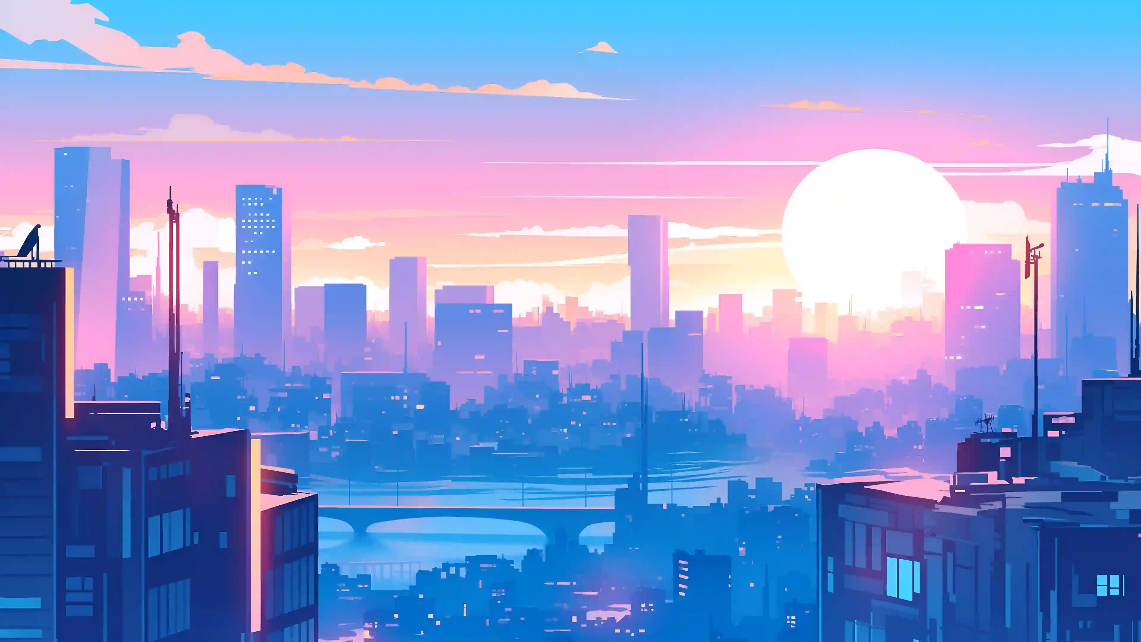 城市 像素艺术 天际线 粉色 蓝色 天空 风景
