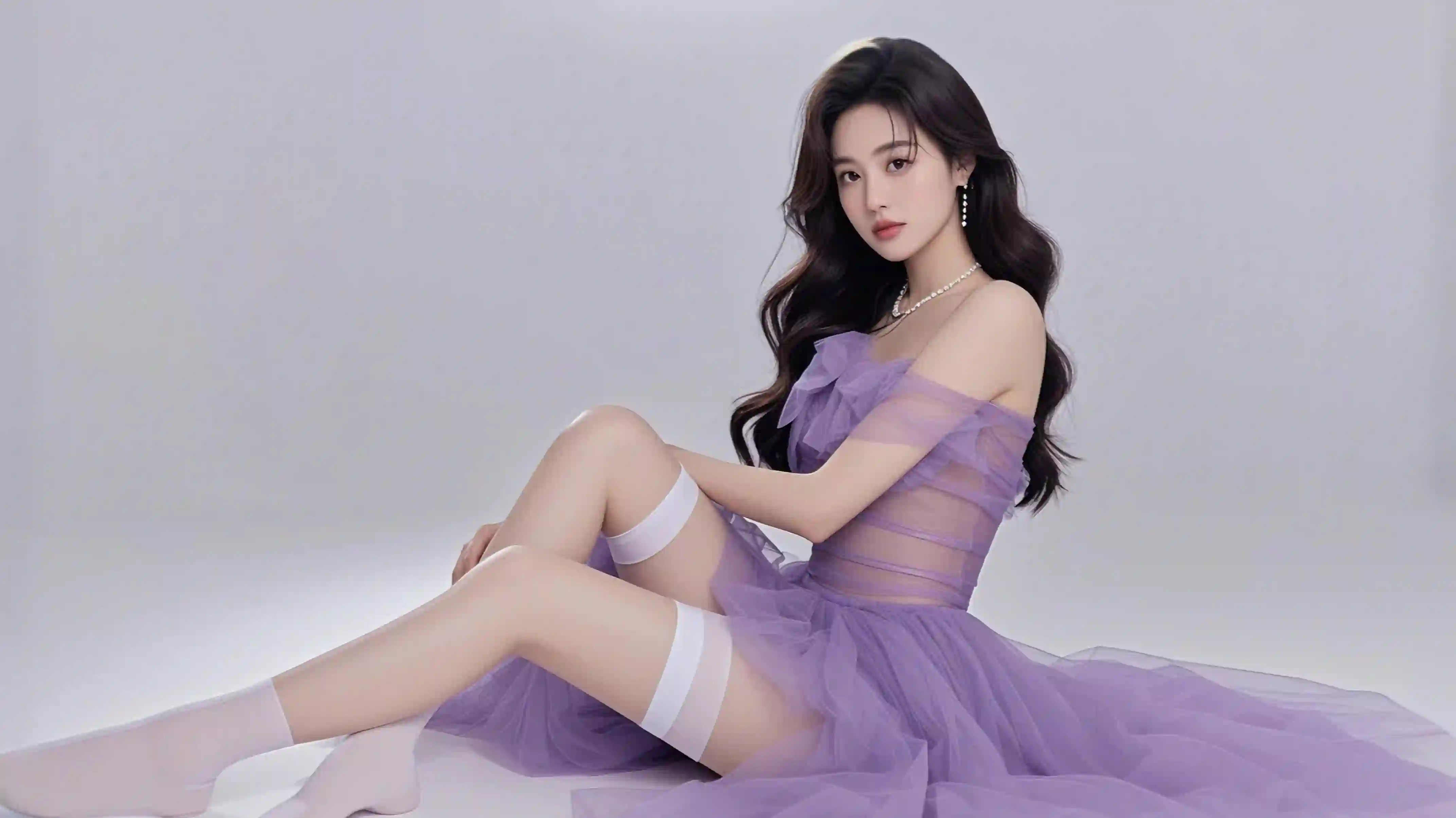 AI 长发美女 长腿美女 居家场景 紫色长裙